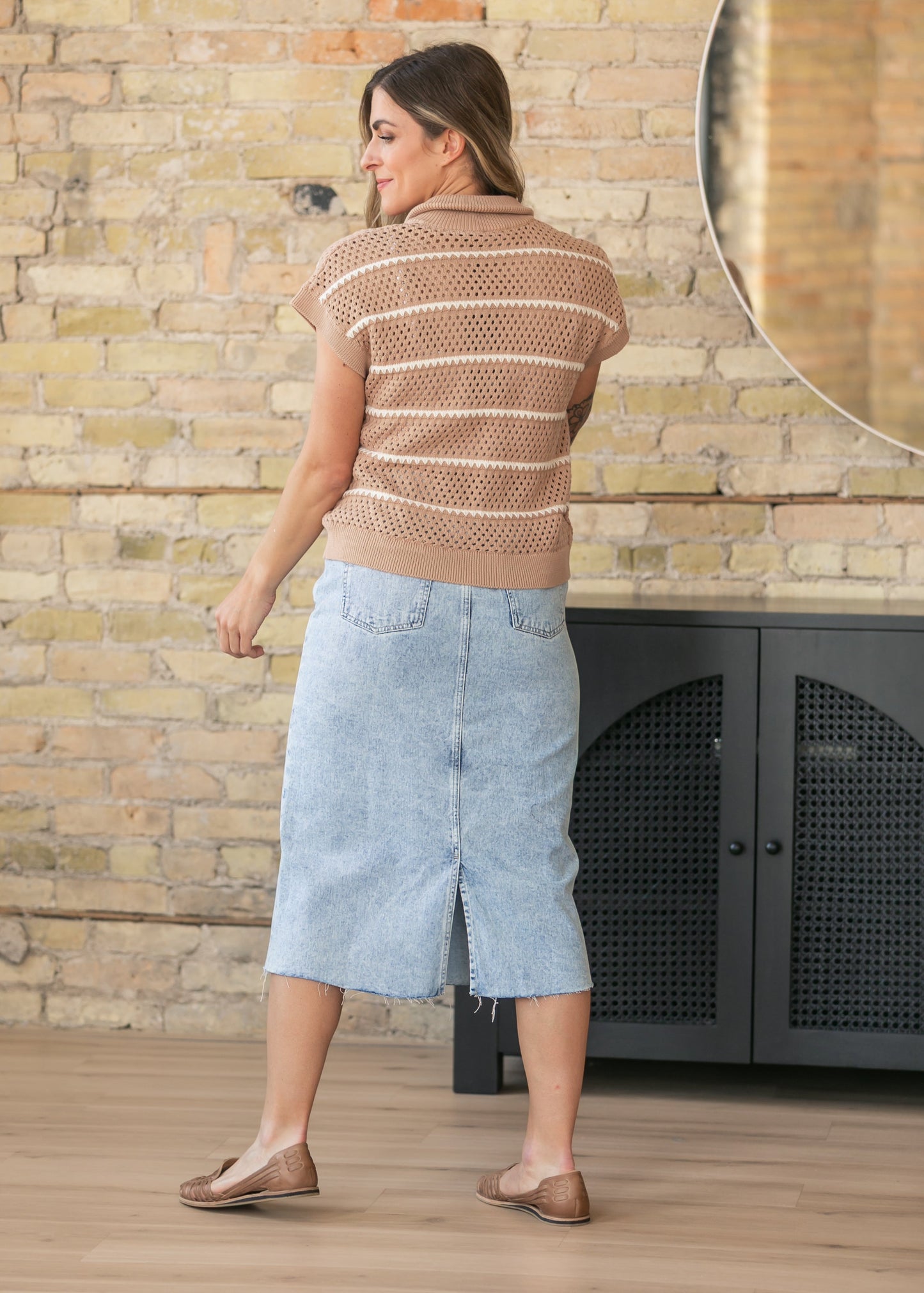 Square Pocket Denim Midi Skirt