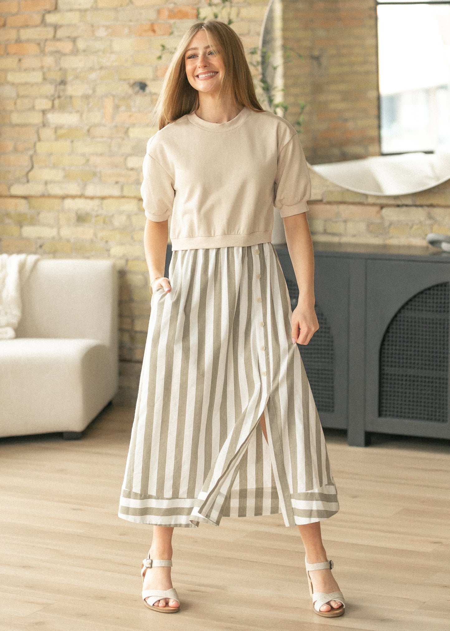 Stripe Short Sleeve Sweater Maxi Dress