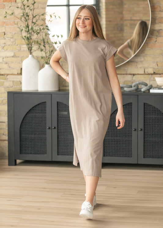 Taupe Cap Sleeve T-shirt Midi Dress