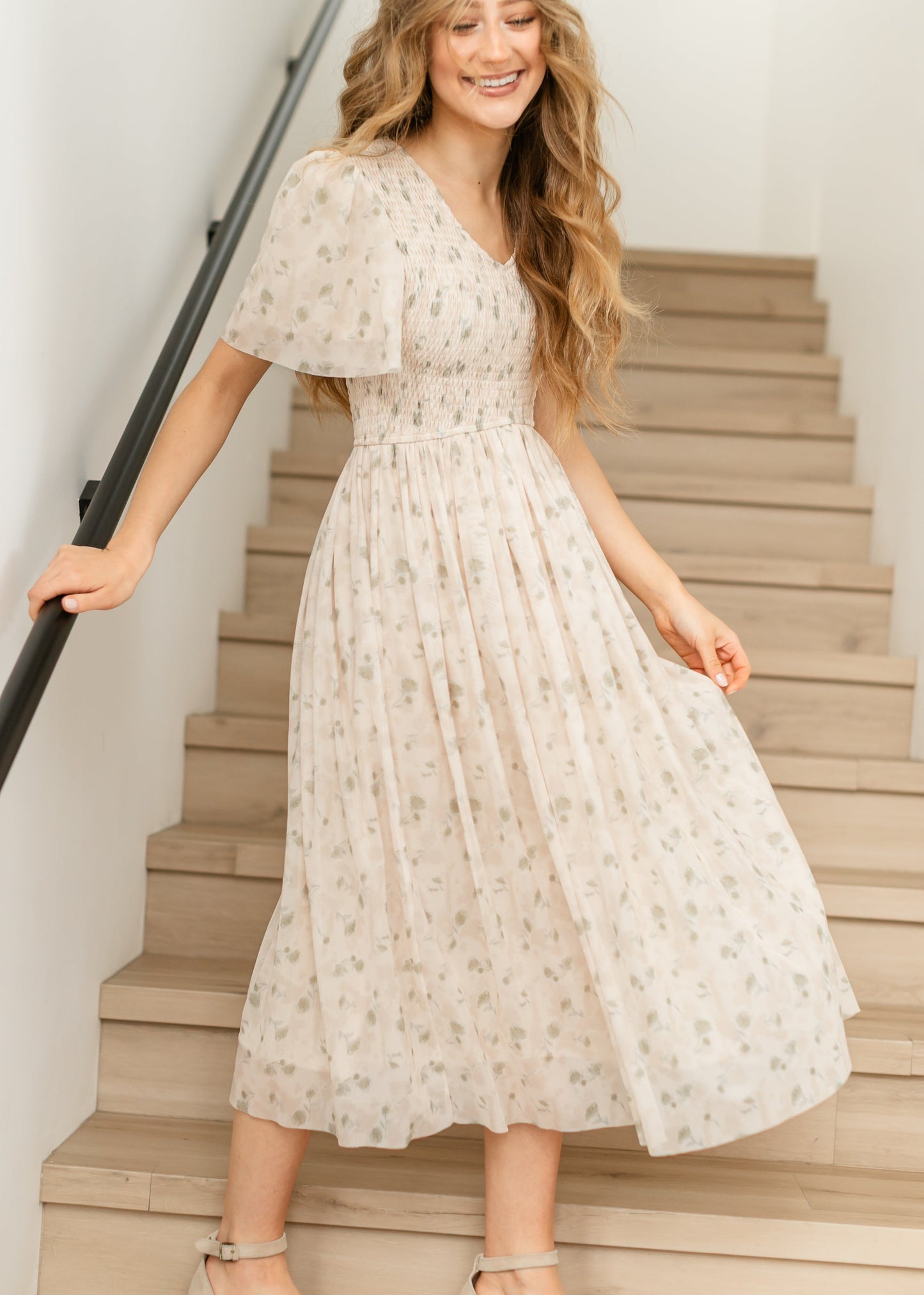 Abstract Floral Pleated Midi Dress