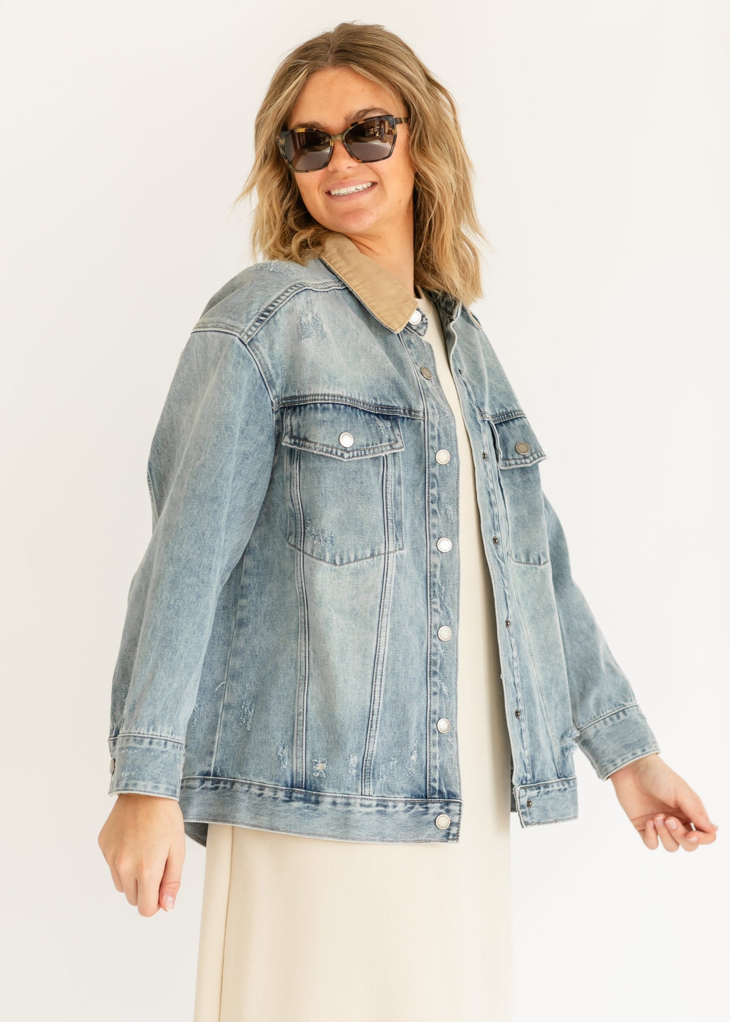 Andra Contrast Collar Distressed Denim Jacket - FINAL SALE