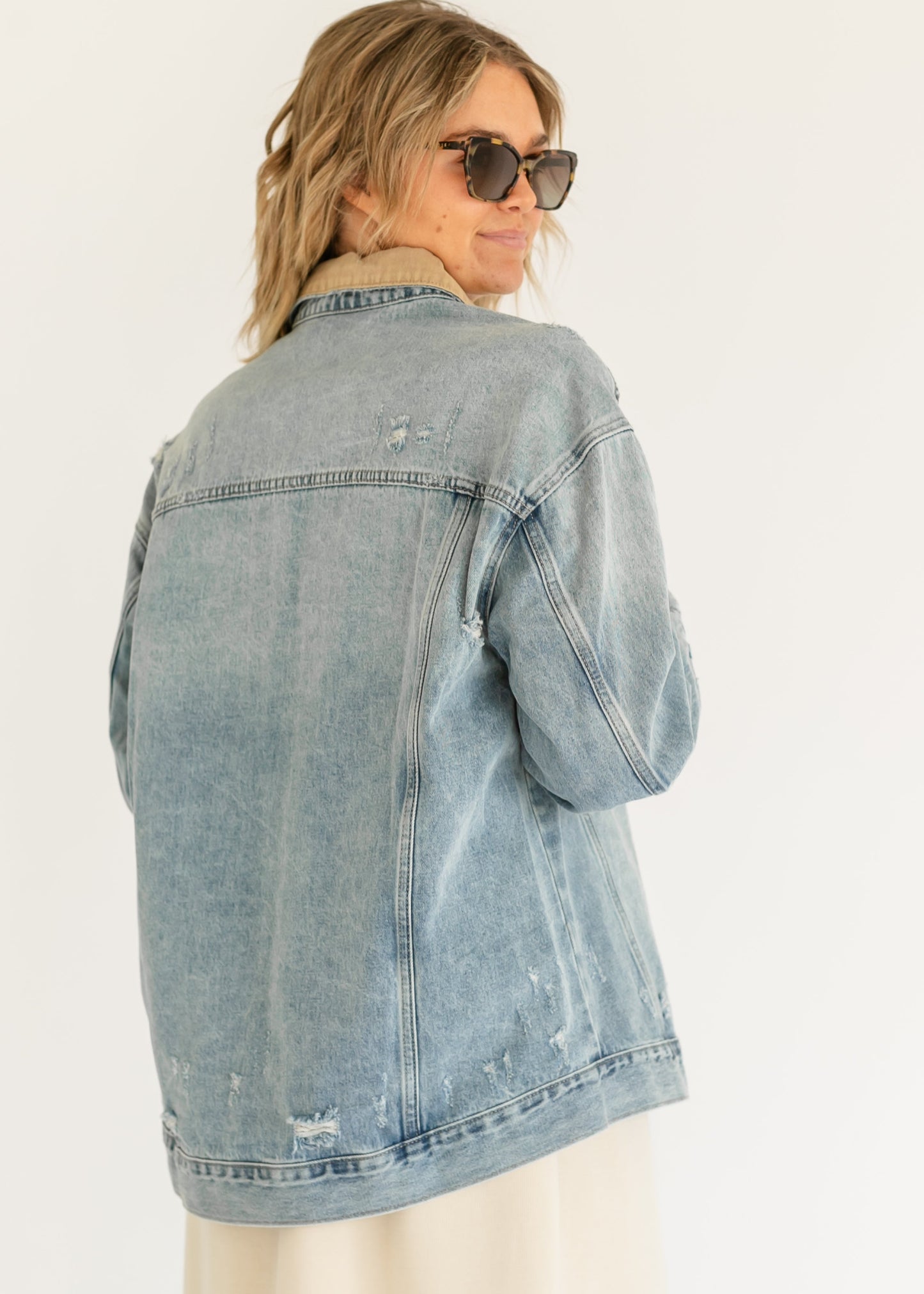 Andra Contrast Collar Distressed Denim Jacket - FINAL SALE