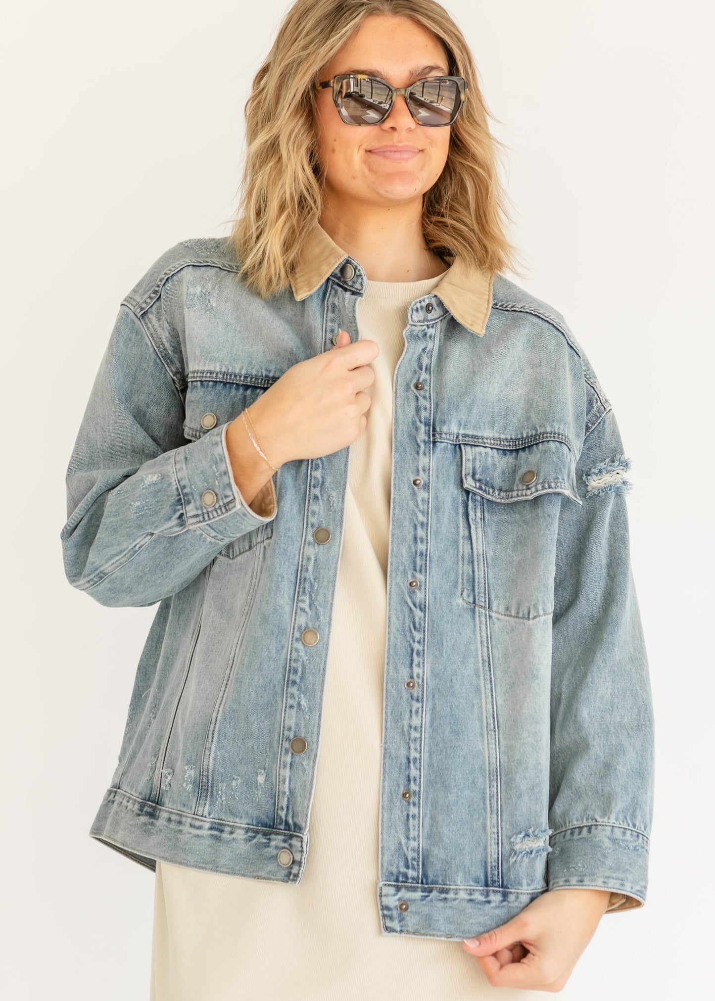 Andra Contrast Collar Distressed Denim Jacket - FINAL SALE