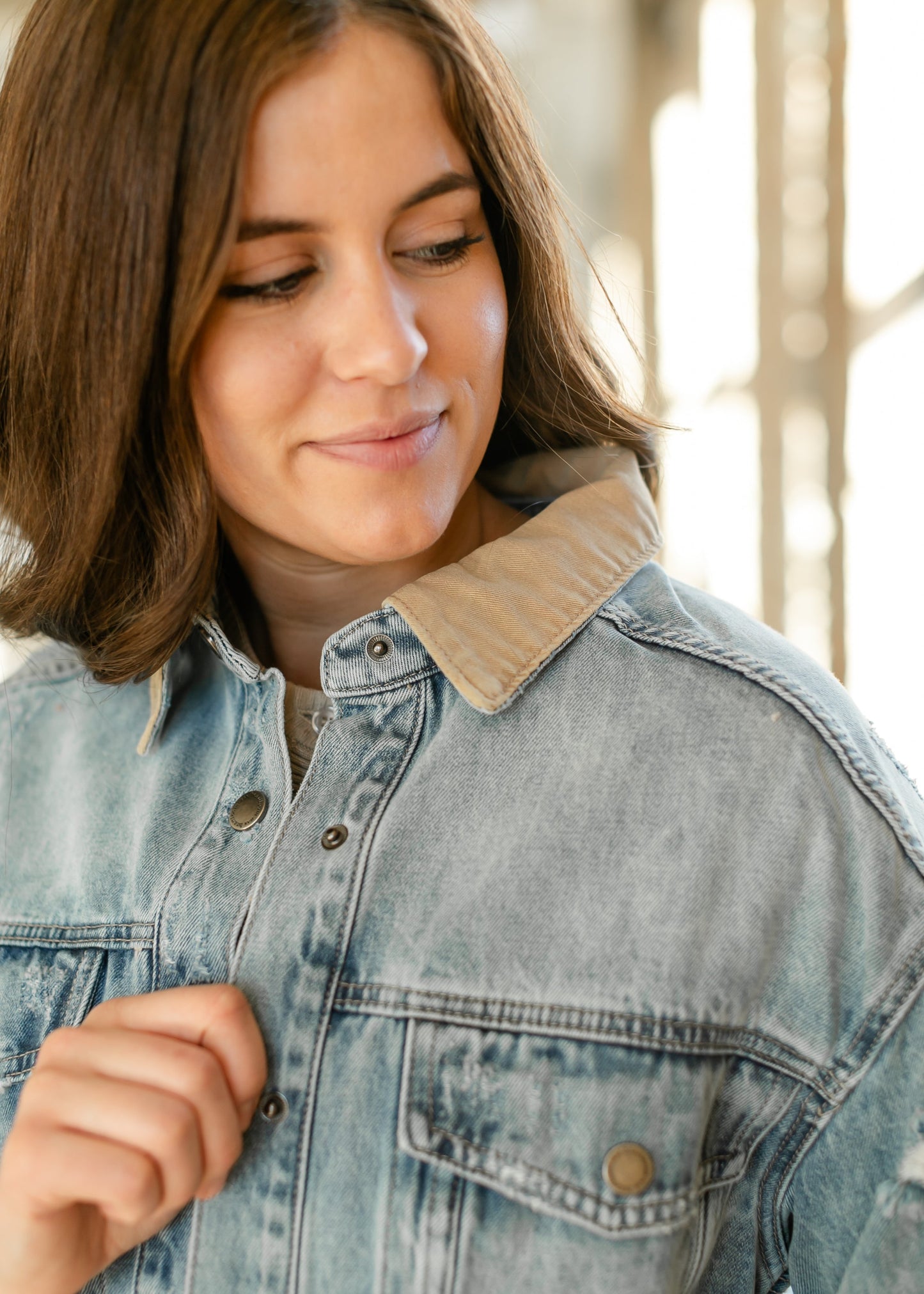 Andra Contrast Collar Distressed Denim Jacket - FINAL SALE