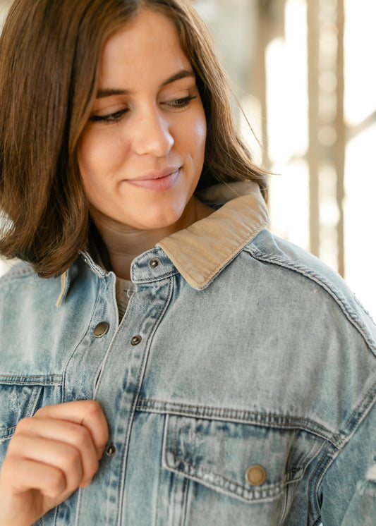 Andra Contrast Collar Distressed Denim Jacket - FINAL SALE