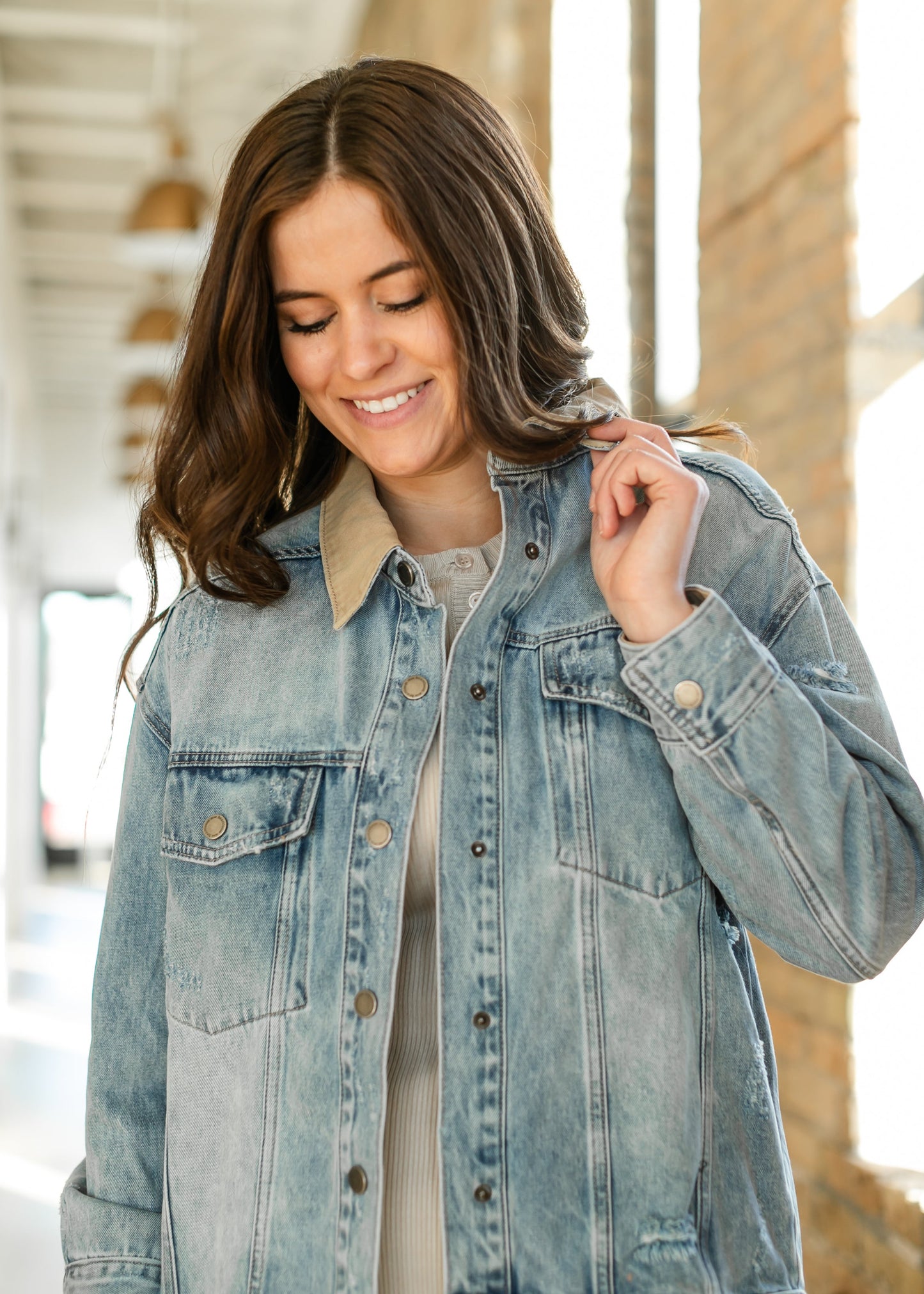 Andra Contrast Collar Distressed Denim Jacket - FINAL SALE
