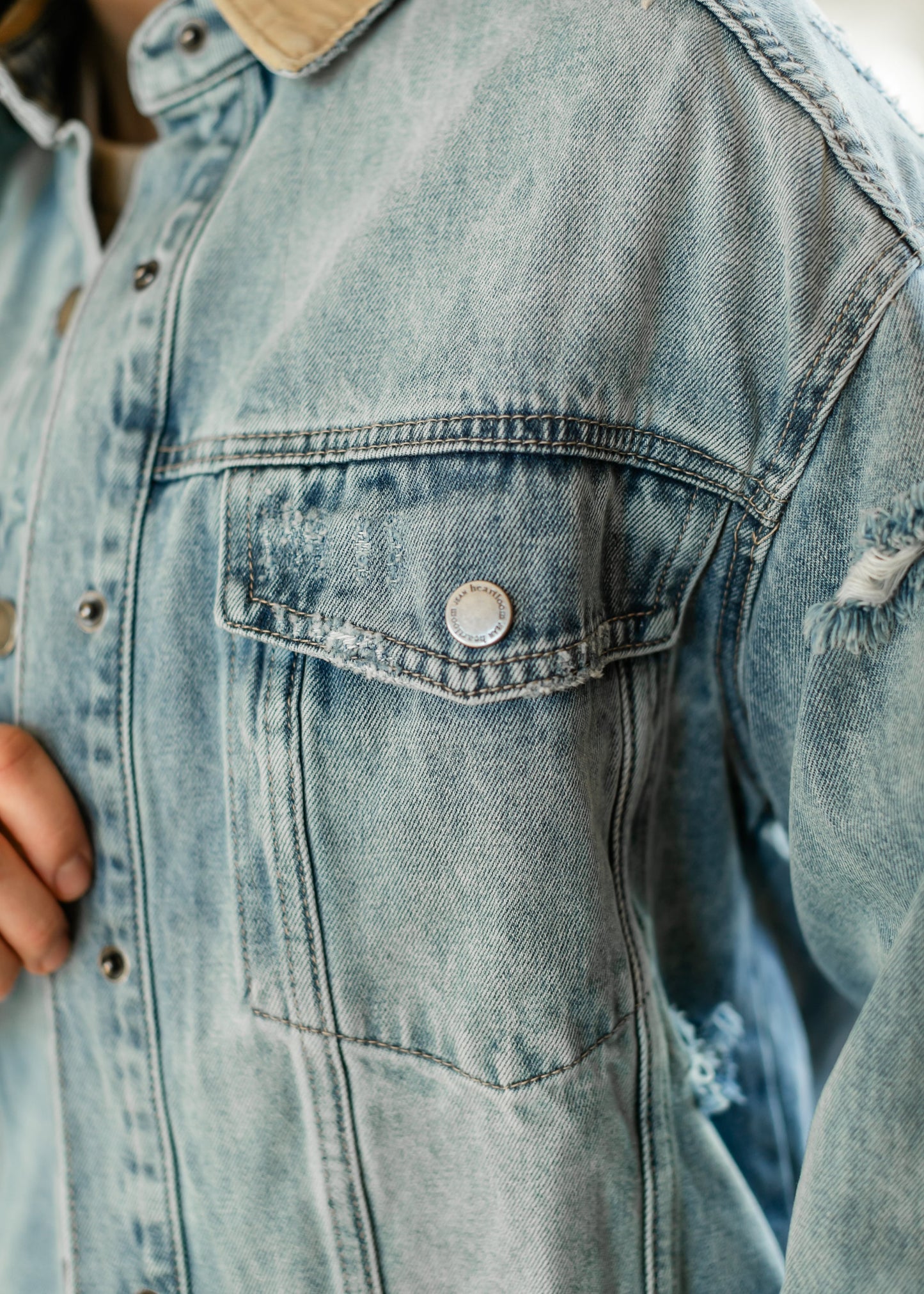 Andra Contrast Collar Distressed Denim Jacket - FINAL SALE