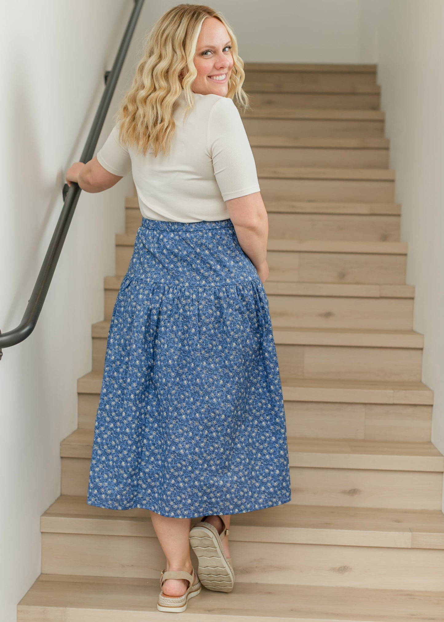 Aria A-line Blue Floral Midi Skirt - FINAL SALE