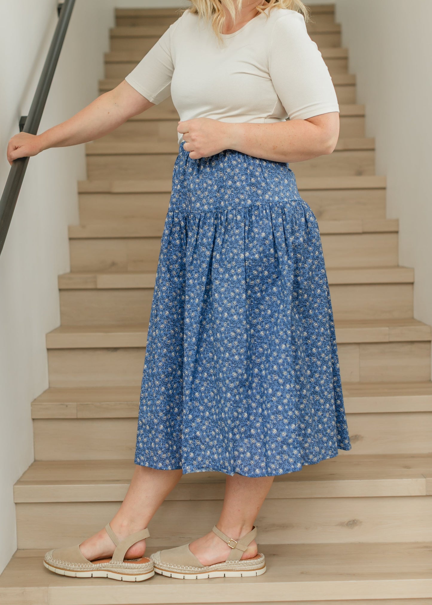 Aria A-line Blue Floral Midi Skirt - FINAL SALE