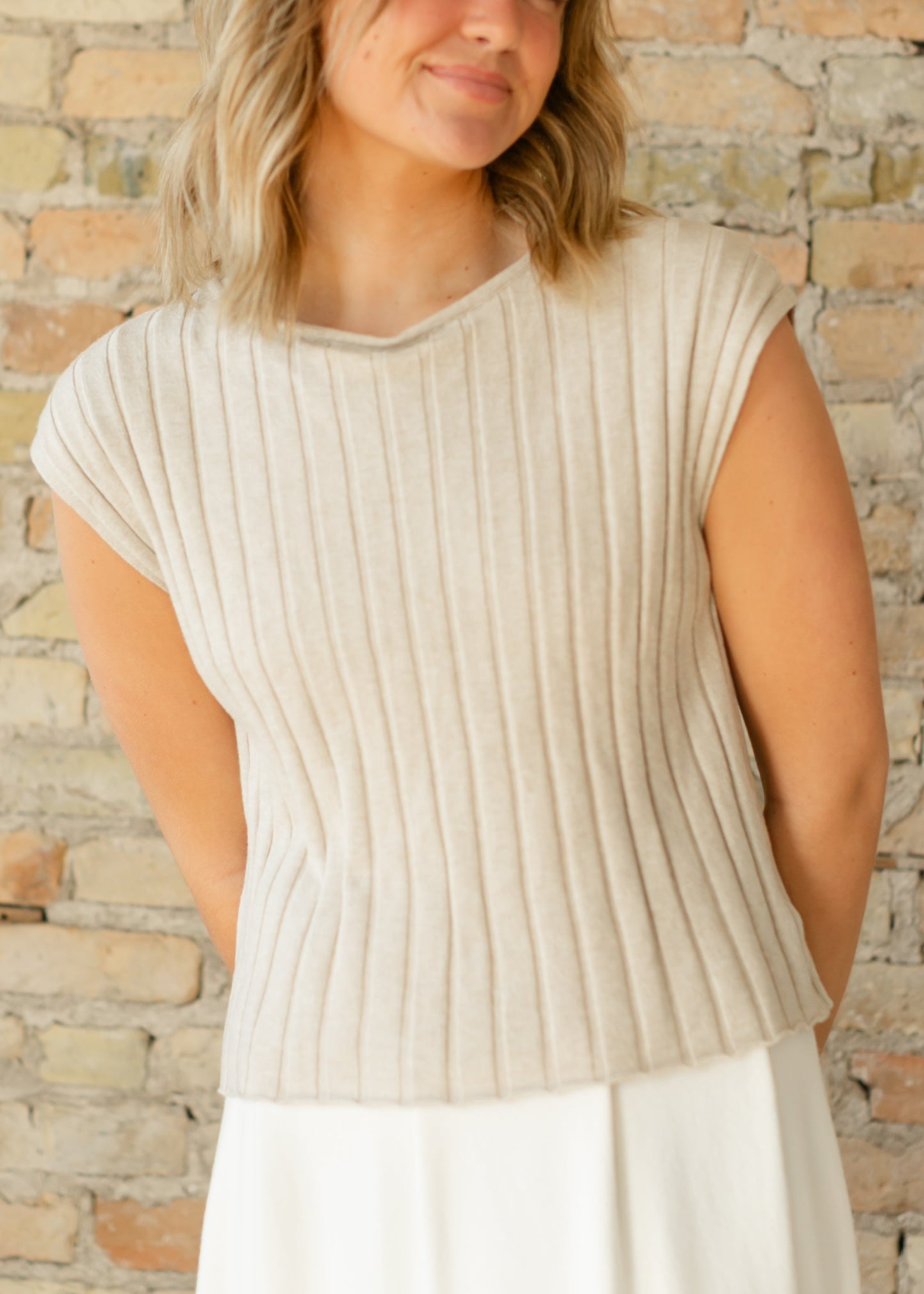 Back Button Cap Sleeve Ribbed Sweater - FINAL SALE