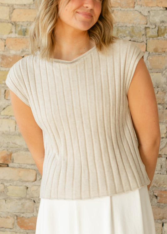 Back Button Cap Sleeve Ribbed Sweater - FINAL SALE