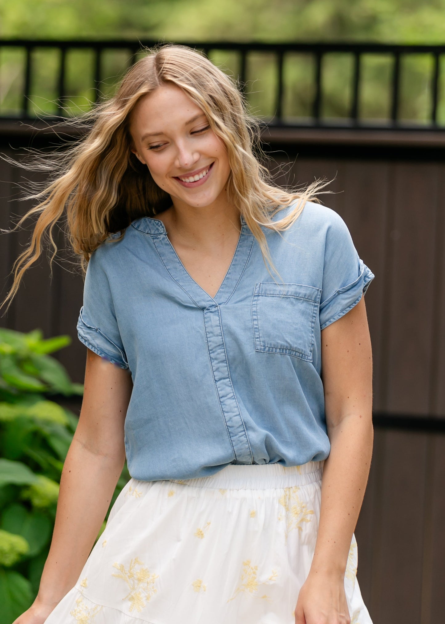 Back Button Chambray Top - FINAL SALE