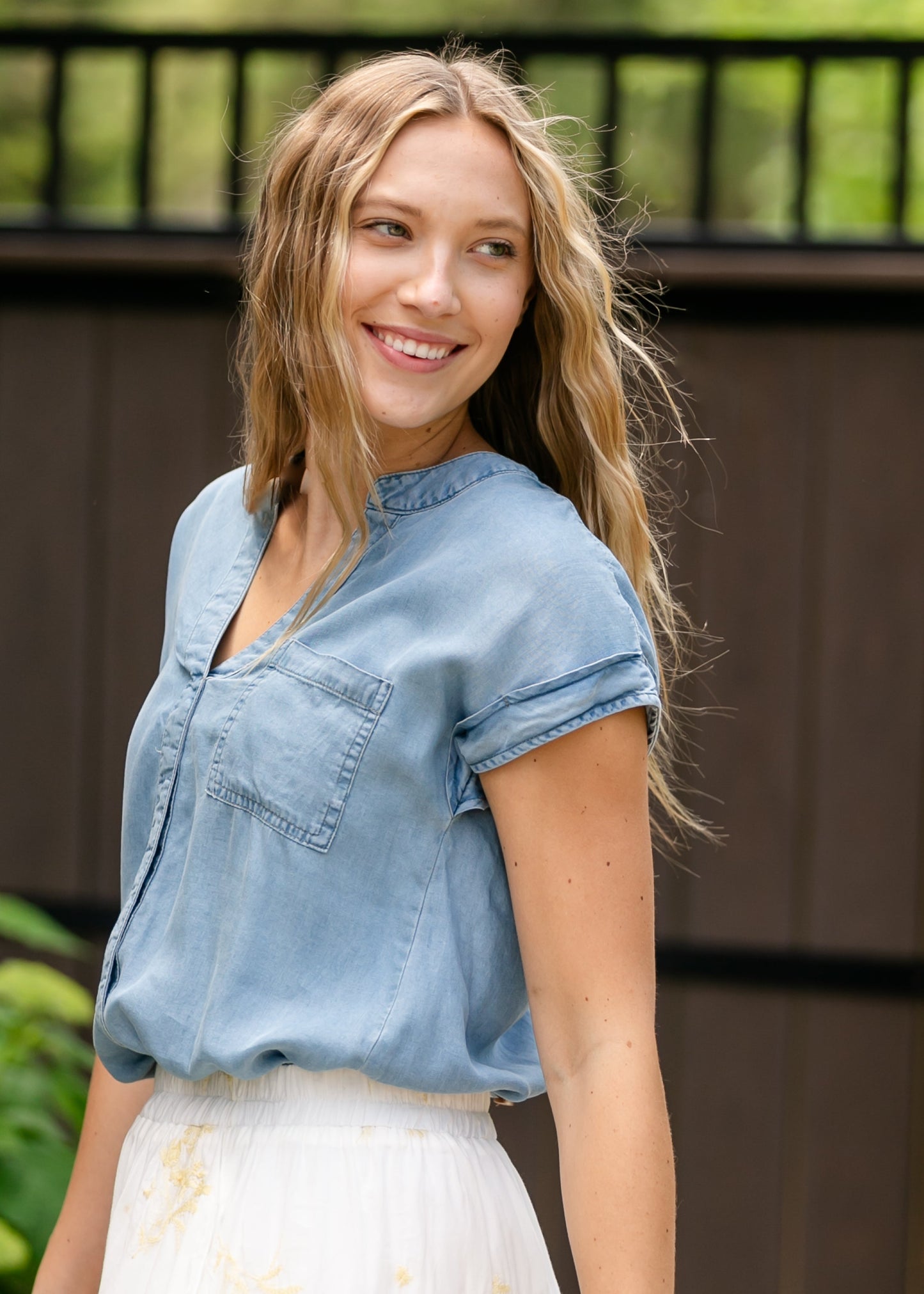 Back Button Chambray Top - FINAL SALE