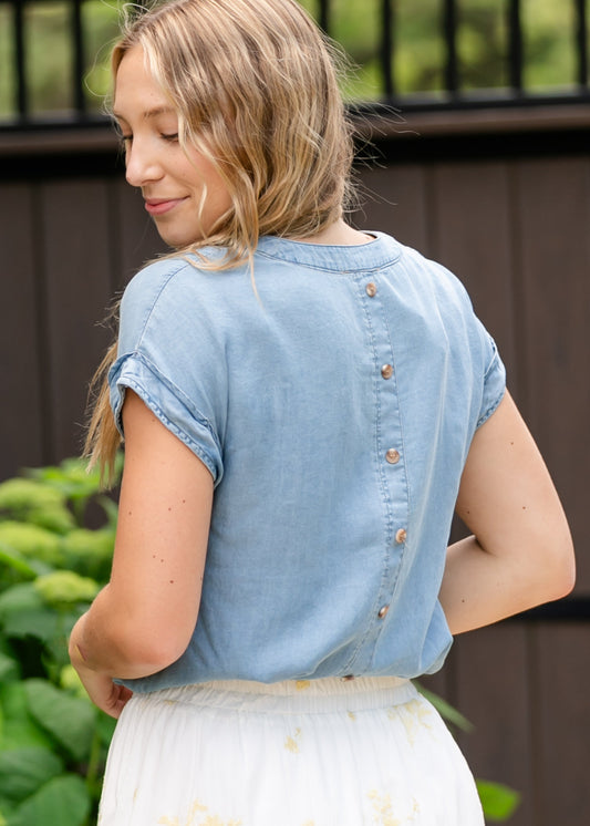 Back Button Chambray Top - FINAL SALE