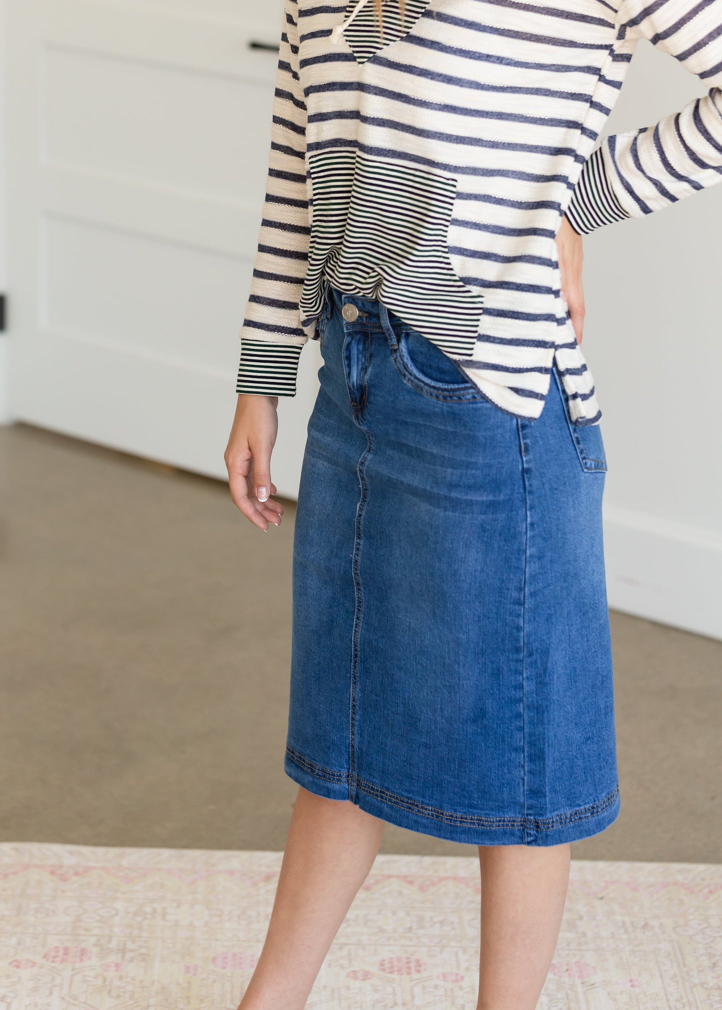 Bailee Triple Stitch Midi Denim Jean Skirt - FINAL SALE