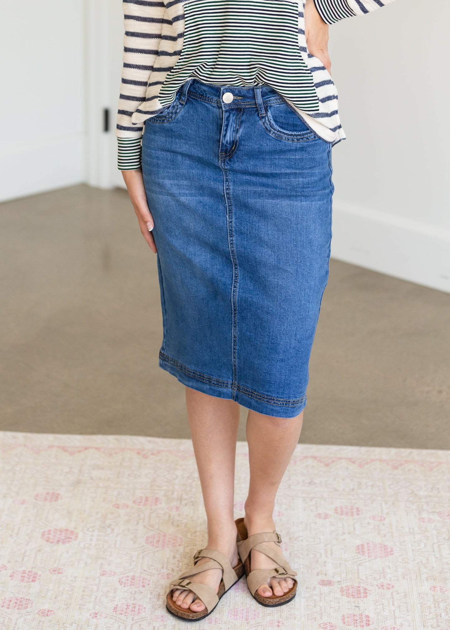 Bailee Triple Stitch Midi Denim Jean Skirt - FINAL SALE