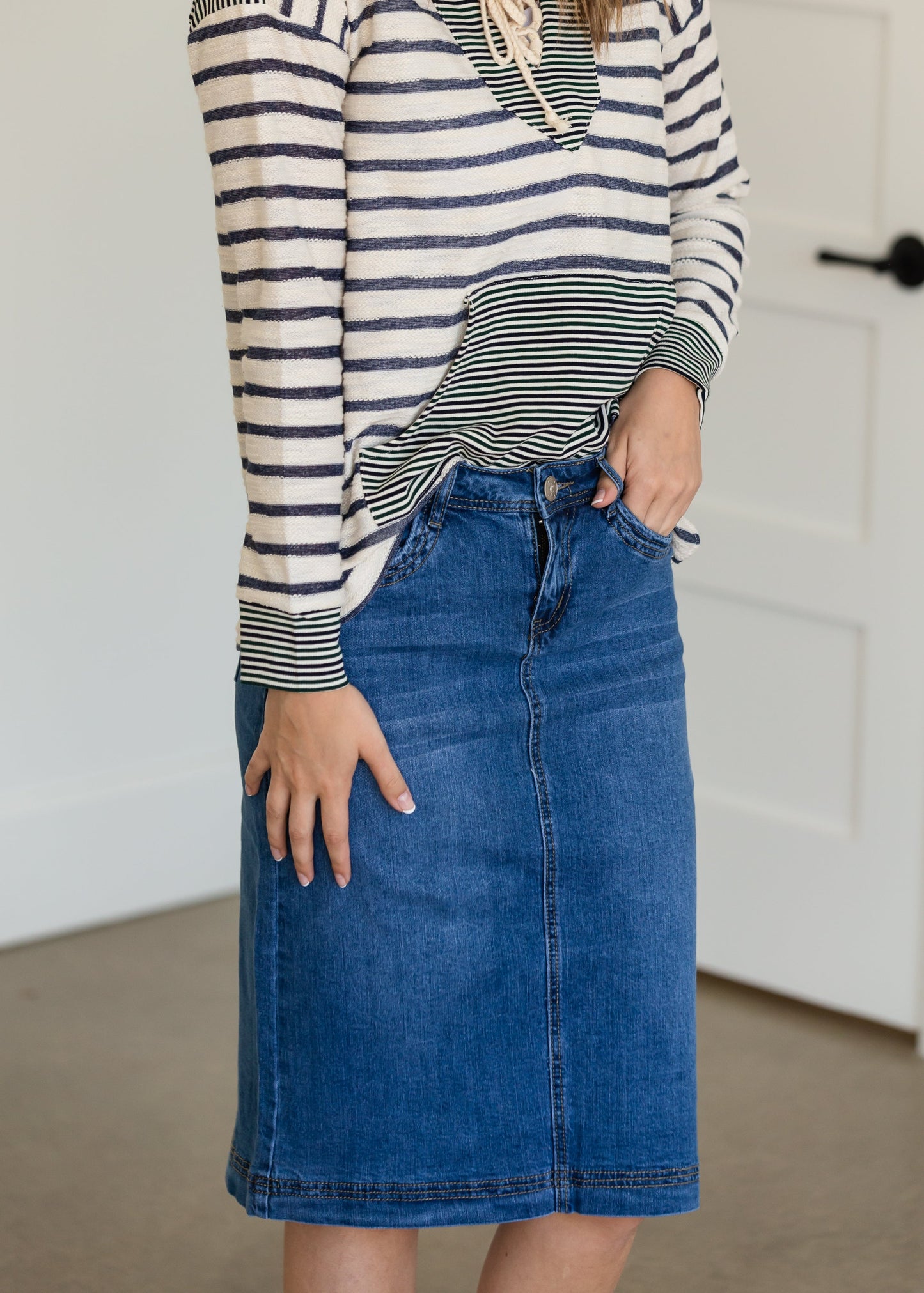 Bailee Triple Stitch Midi Denim Jean Skirt - FINAL SALE