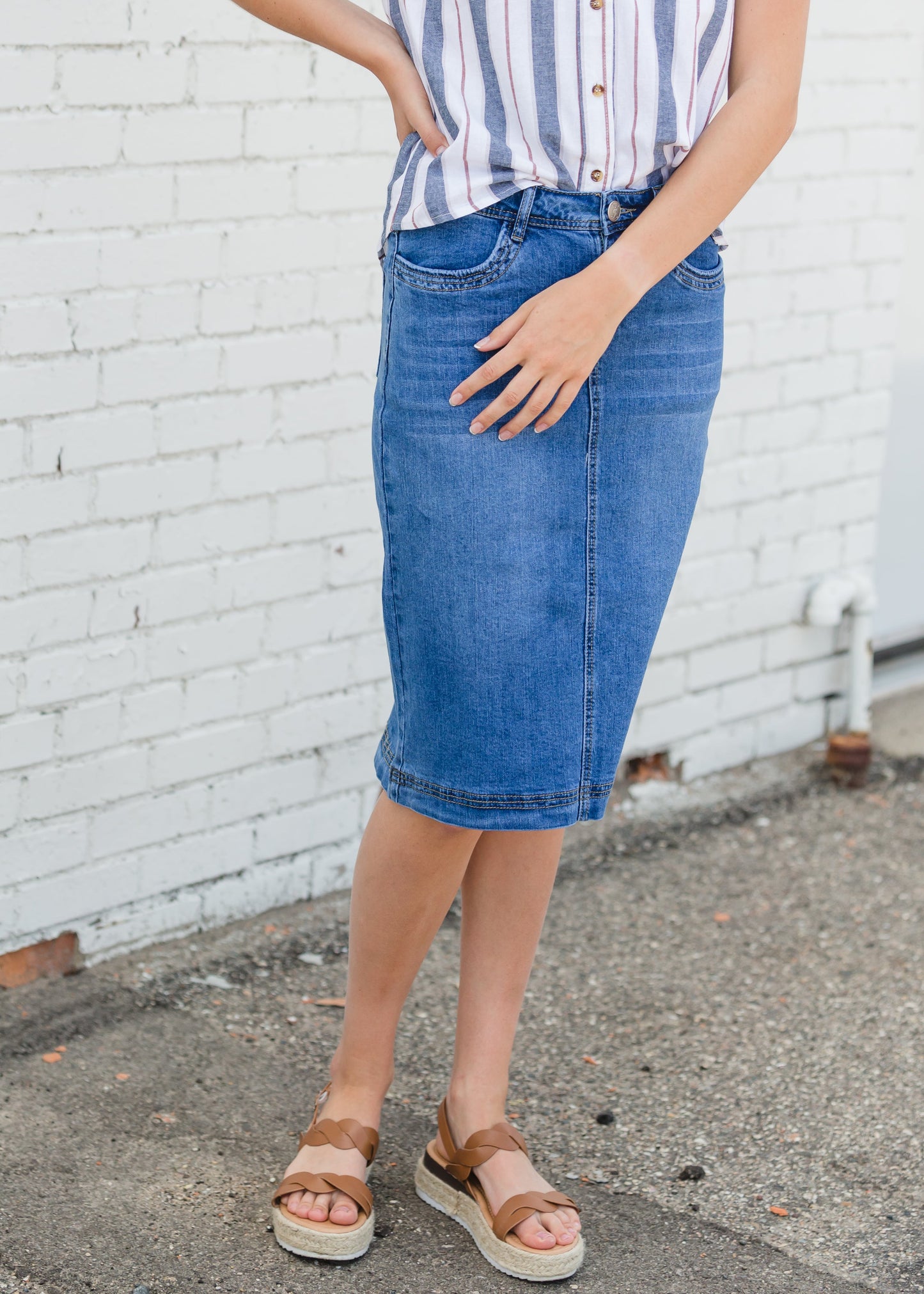 Bailee Triple Stitch Midi Denim Jean Skirt - FINAL SALE