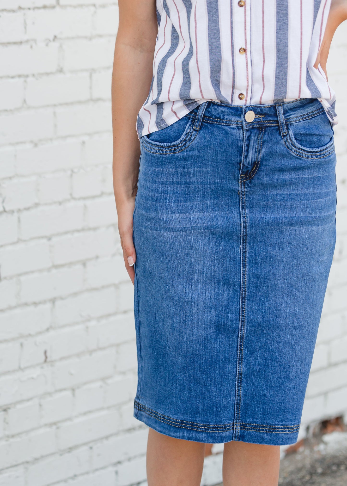 Bailee Triple Stitch Midi Denim Jean Skirt - FINAL SALE