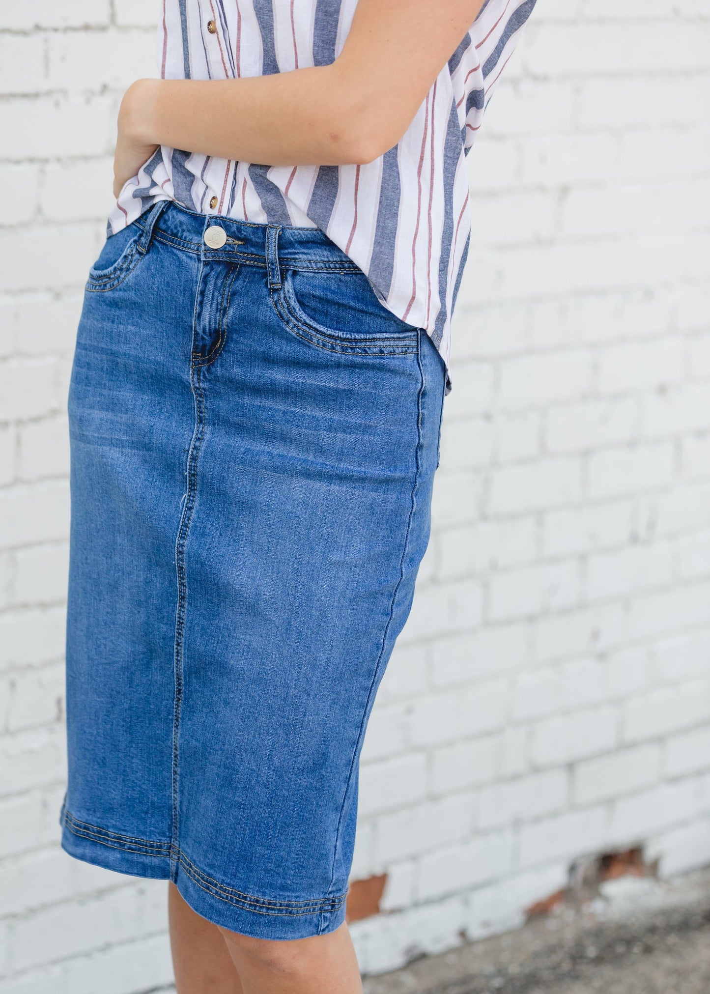 Bailee Triple Stitch Midi Denim Jean Skirt - FINAL SALE