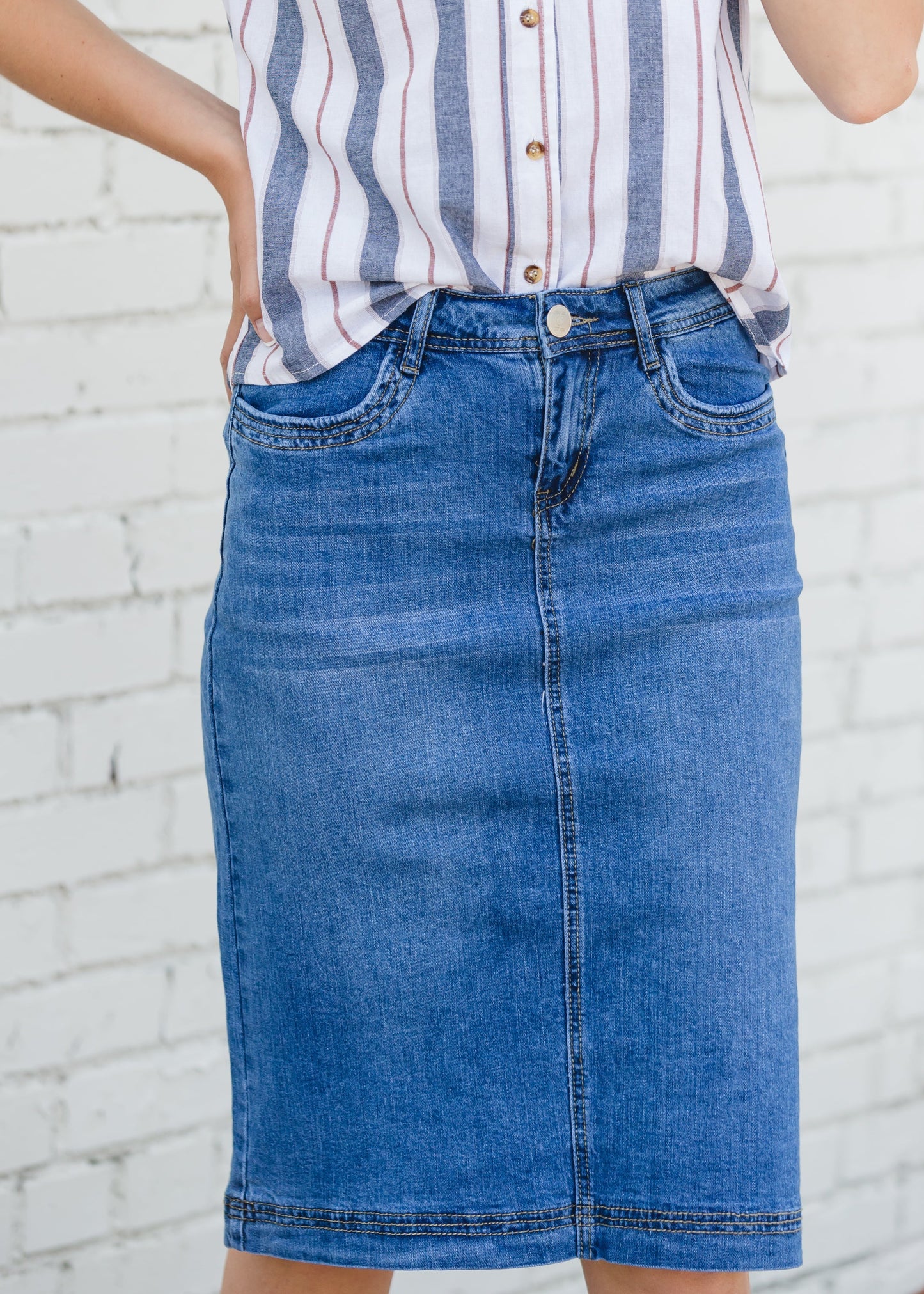 Bailee Triple Stitch Midi Denim Jean Skirt - FINAL SALE