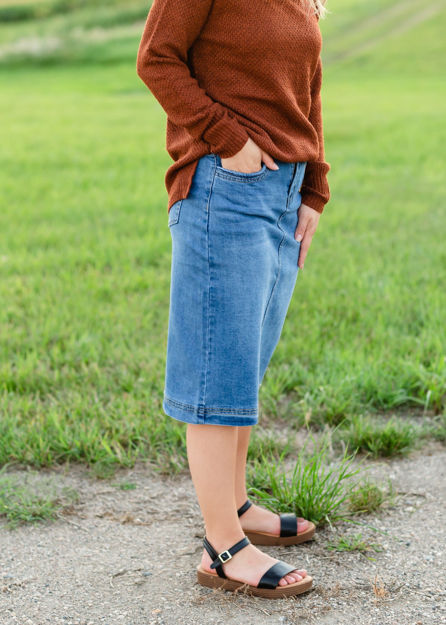 Bailee Triple Stitch Midi Denim Jean Skirt - FINAL SALE