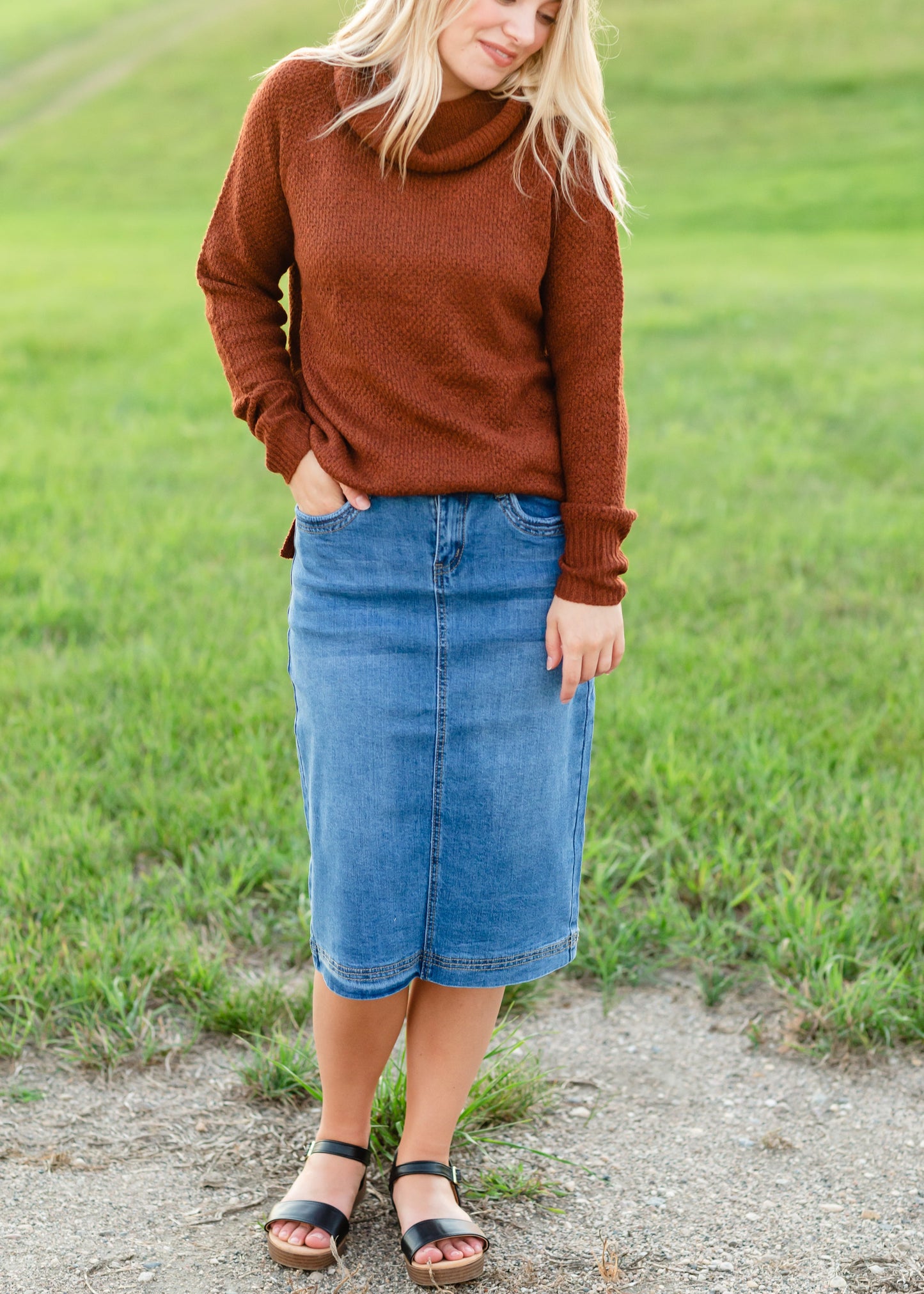 Bailee Triple Stitch Midi Denim Jean Skirt - FINAL SALE