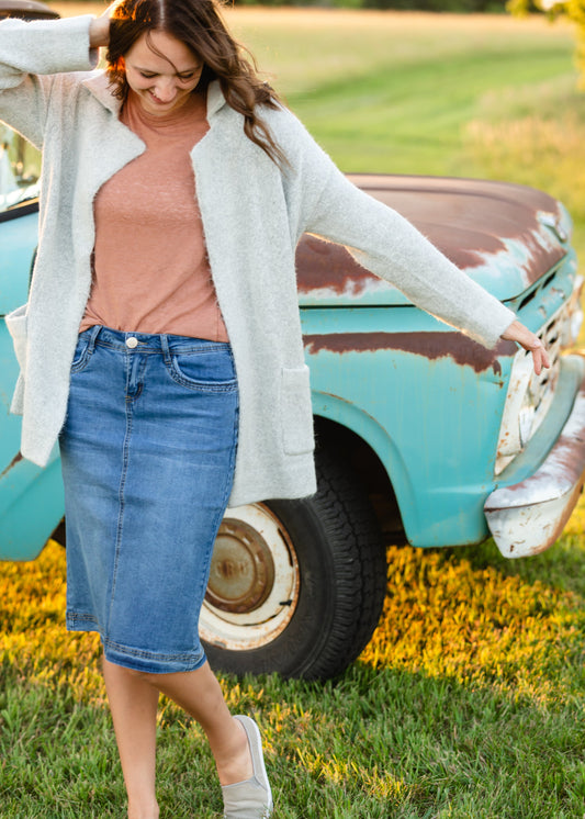 Bailee Triple Stitch Midi Denim Jean Skirt - FINAL SALE