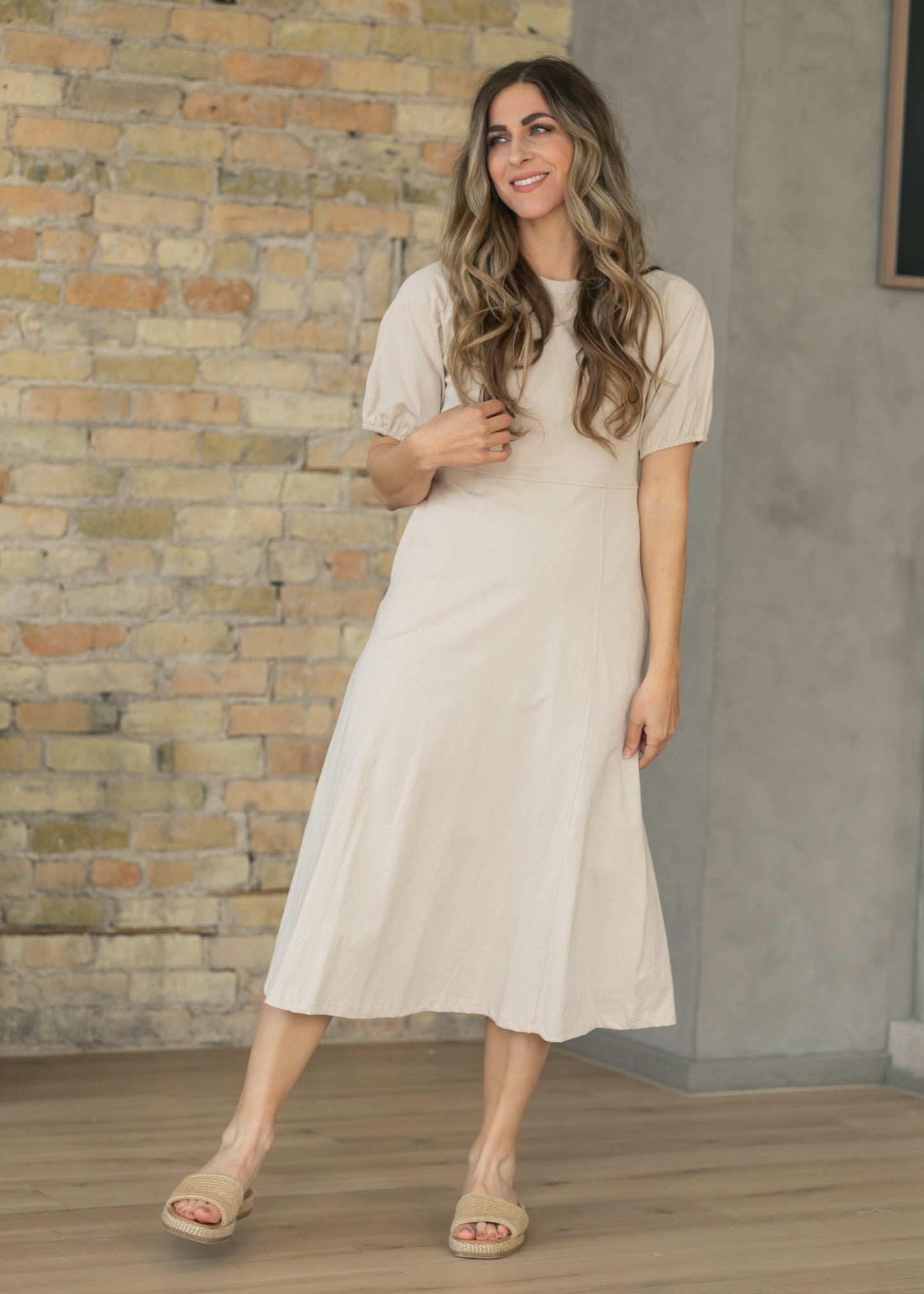 Beige Ribbed Midi Dress
