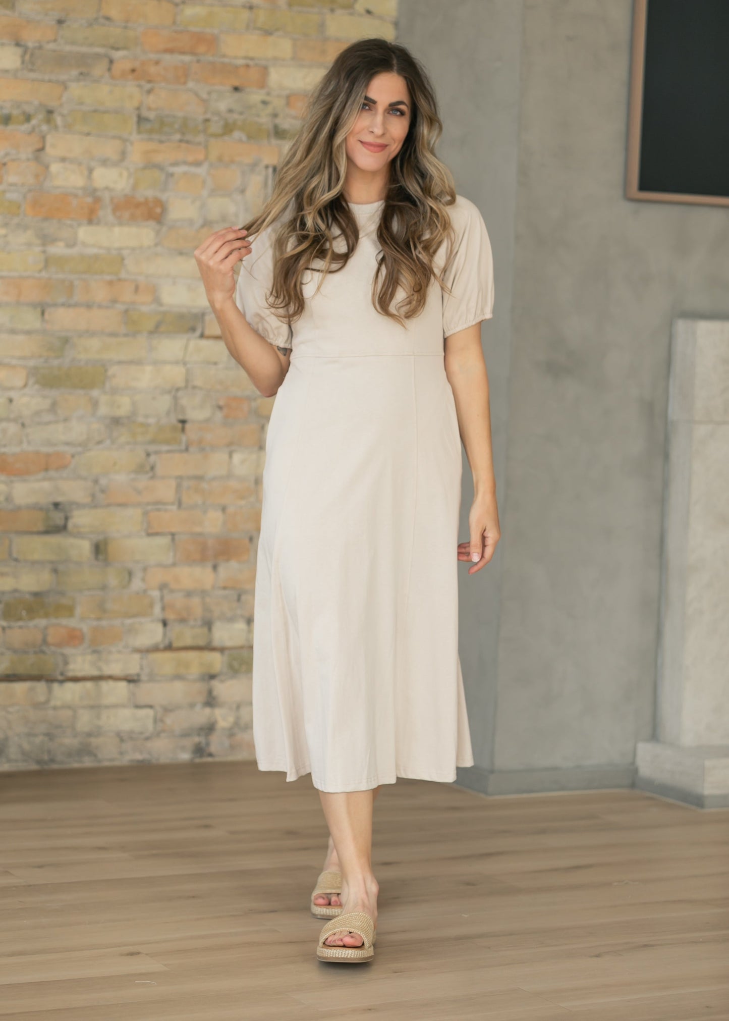 Beige Ribbed Midi Dress