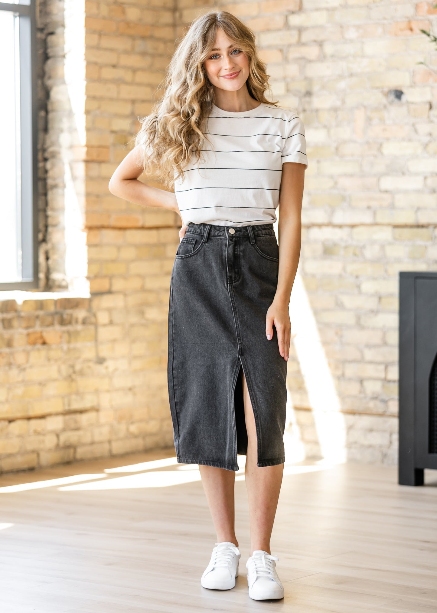 Black Denim Midi Pencil Skirt - FINAL SALE