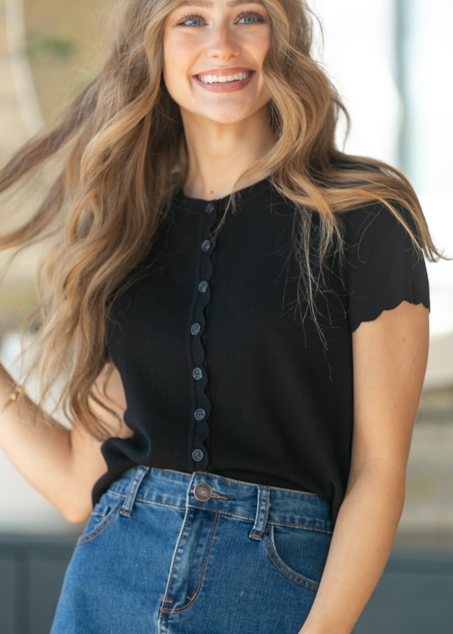 Black Scalloped Edge Knit Cardigan