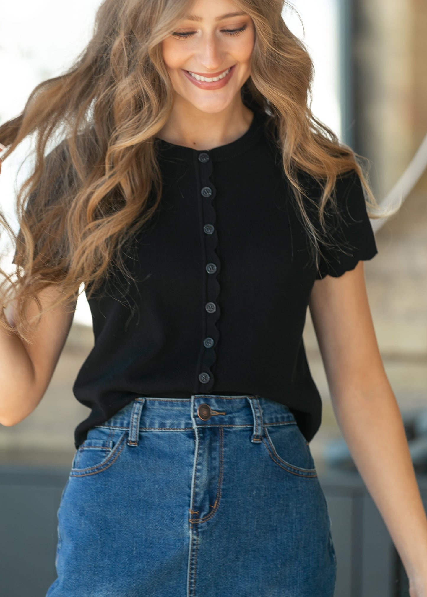 Black Scalloped Edge Knit Cardigan