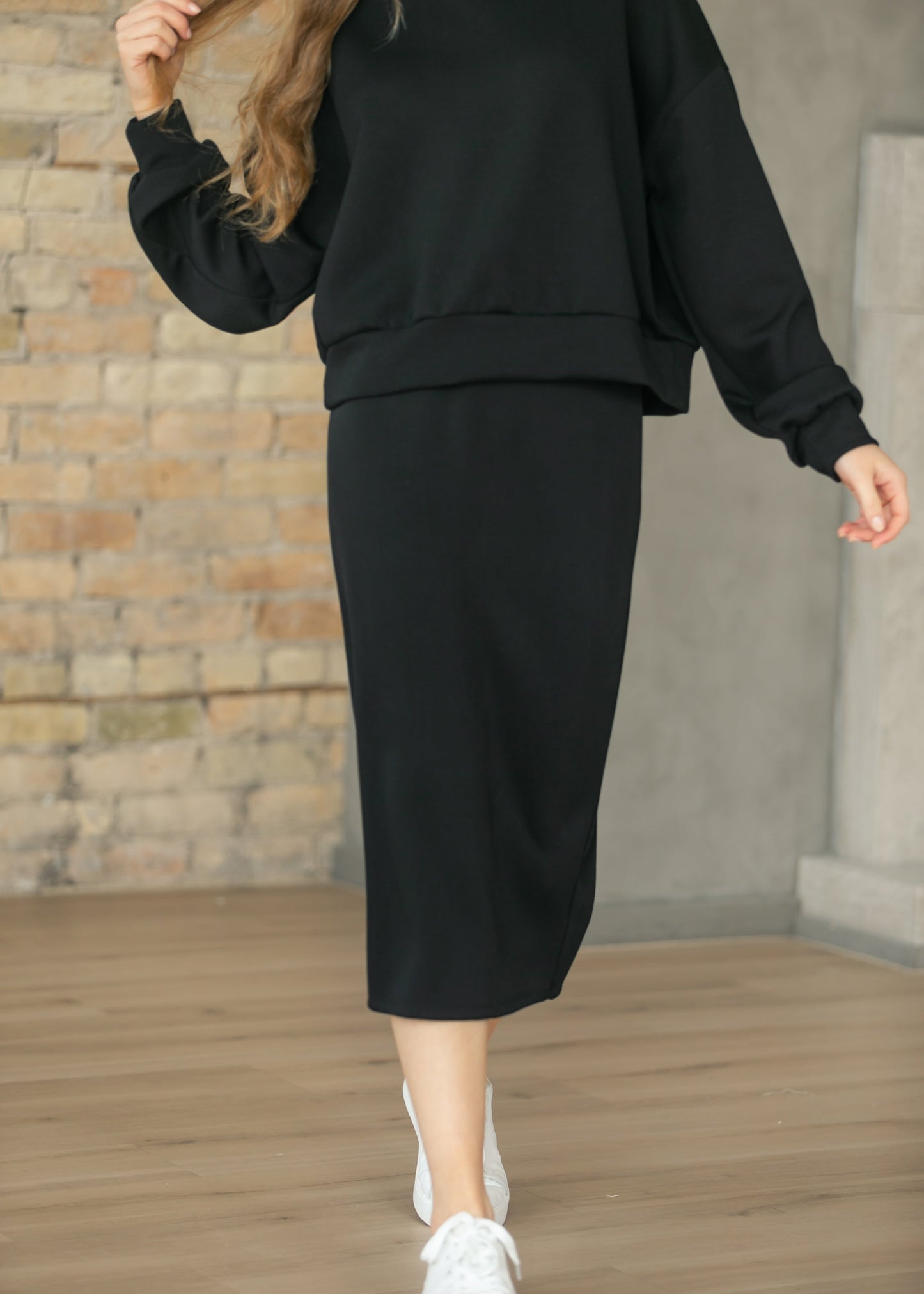 Black Soft Straight Midi Skirt