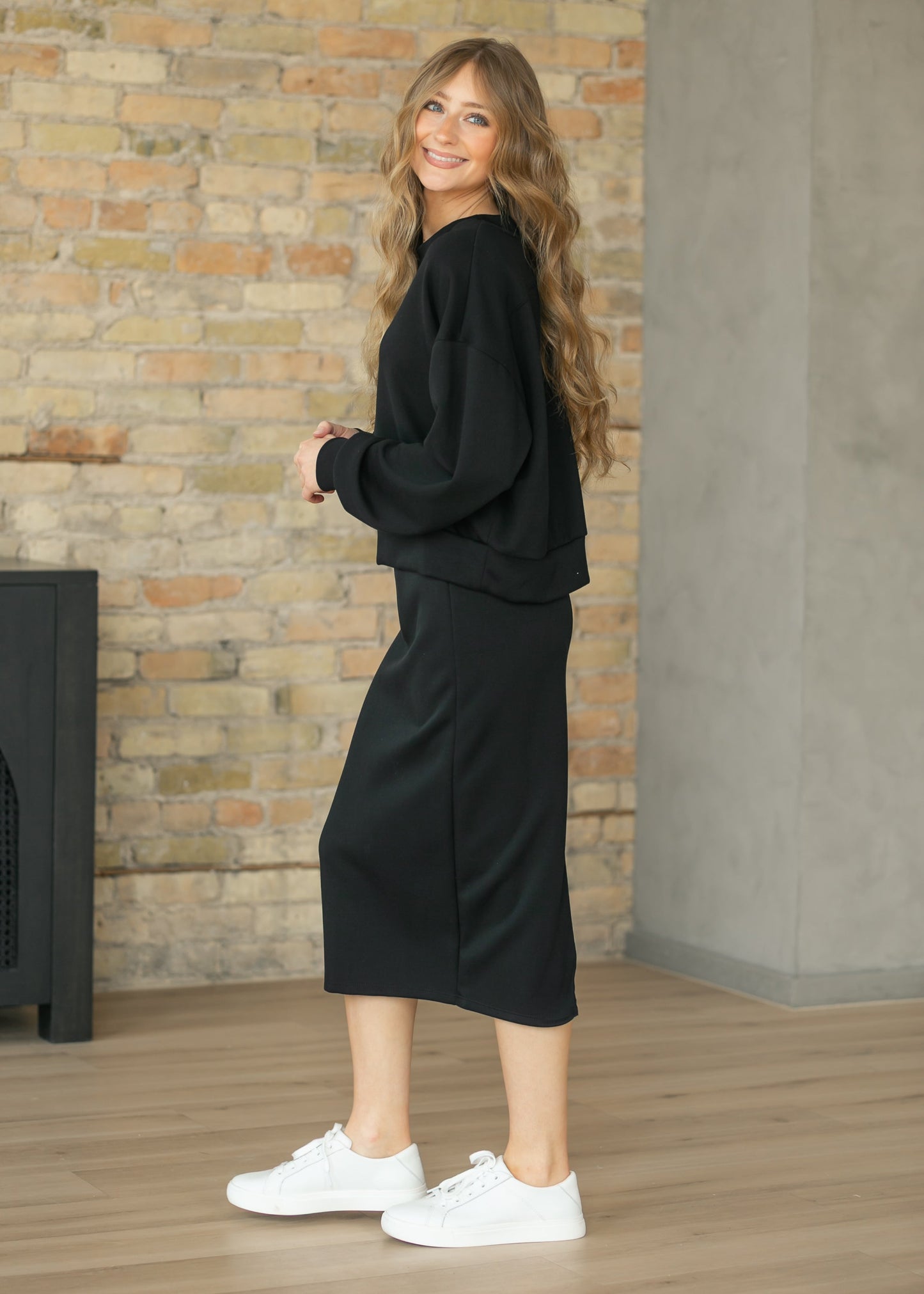 Black Soft Straight Midi Skirt