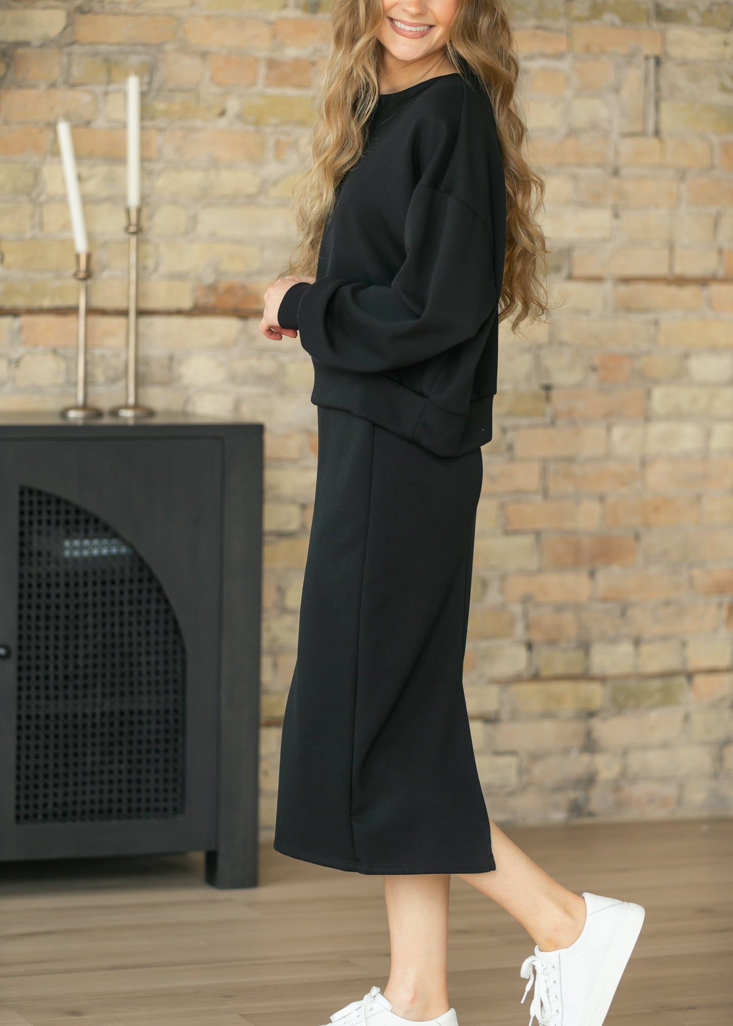 Black Soft Straight Midi Skirt