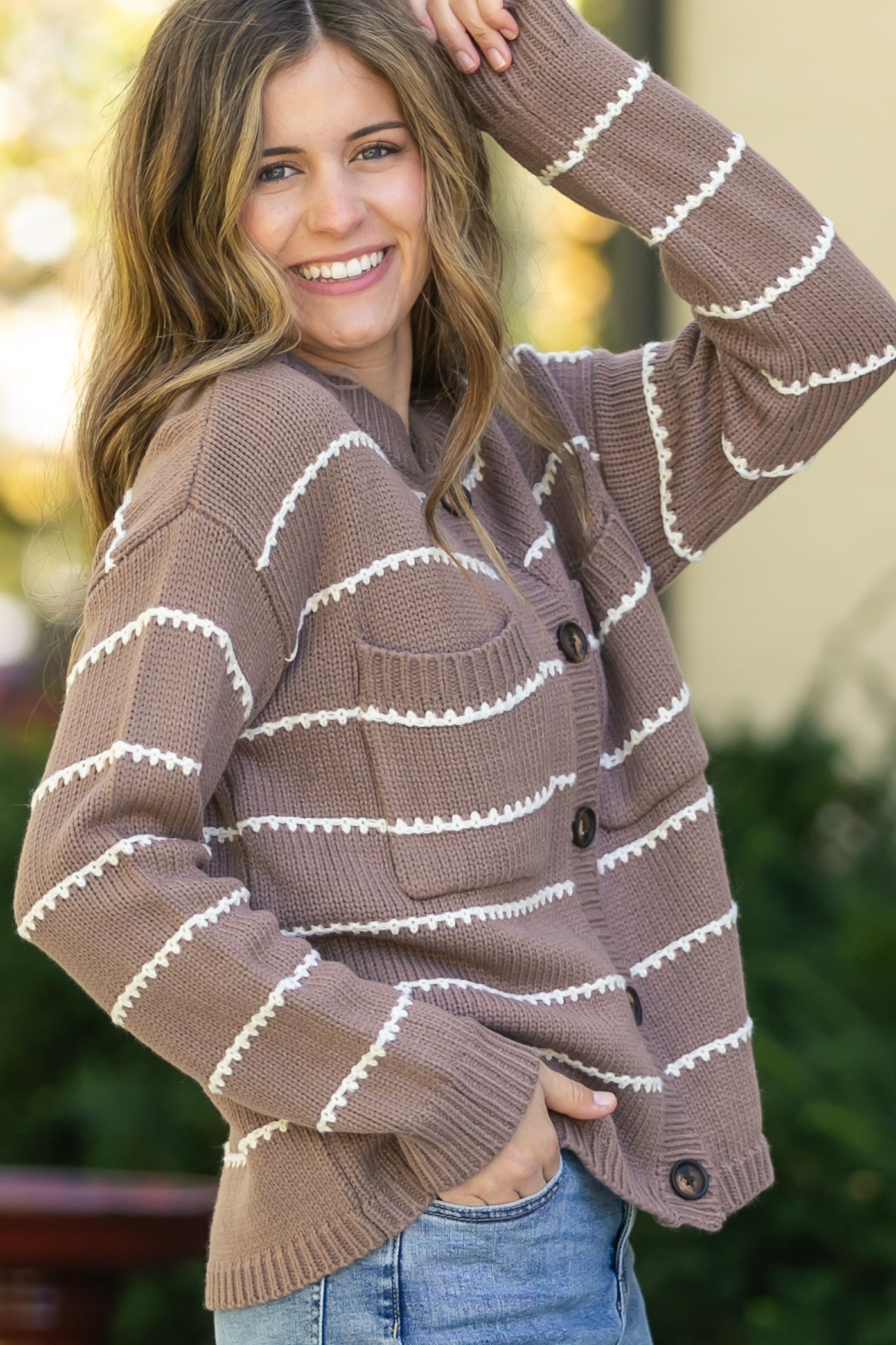 Blanket Stitched Striped Button Down Sweater