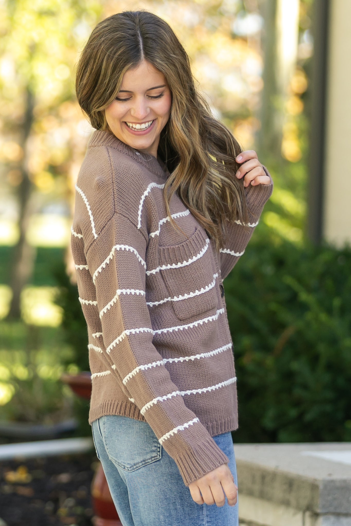 Blanket Stitched Striped Button Down Sweater