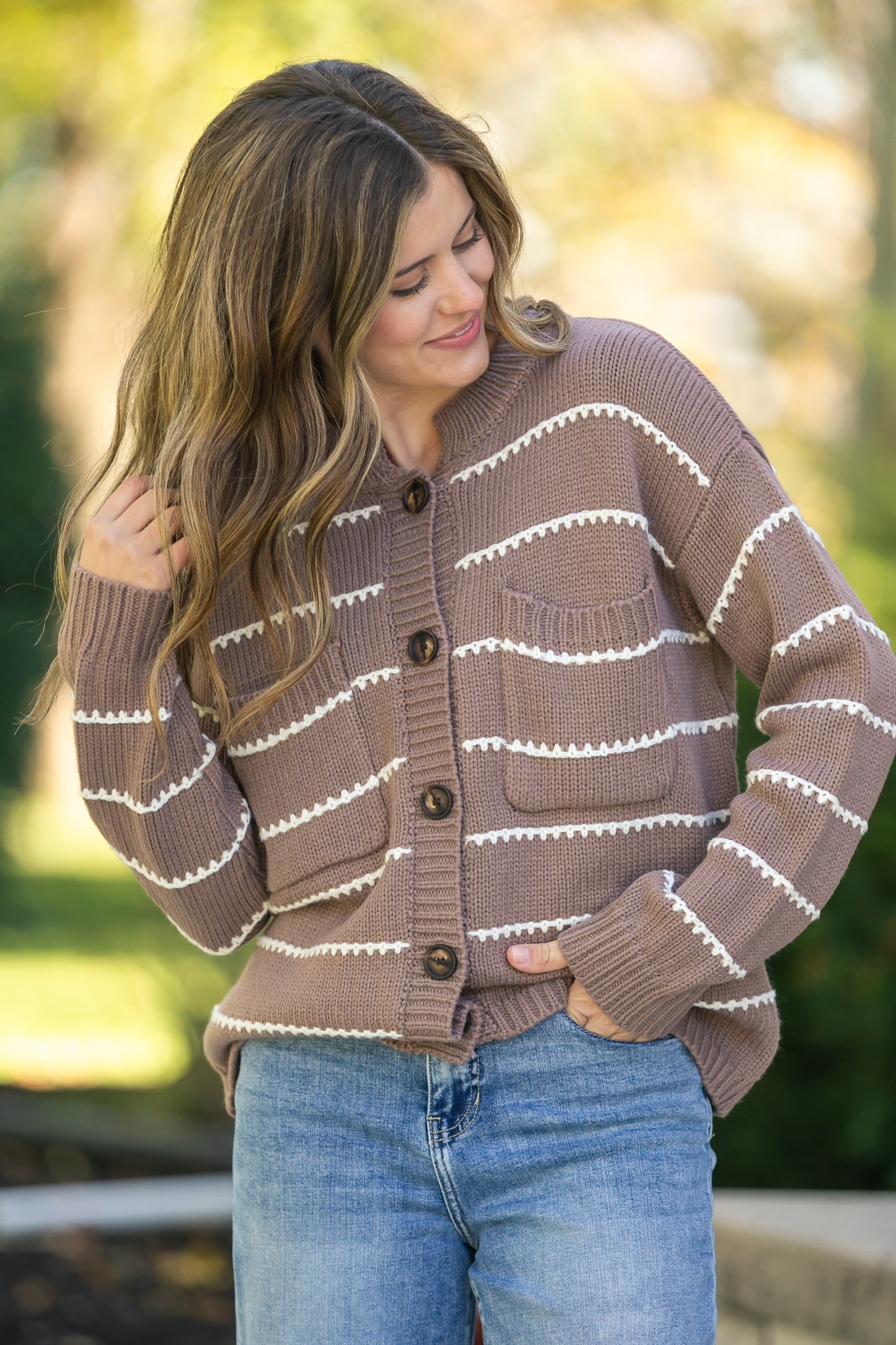 Blanket Stitched Striped Button Down Sweater