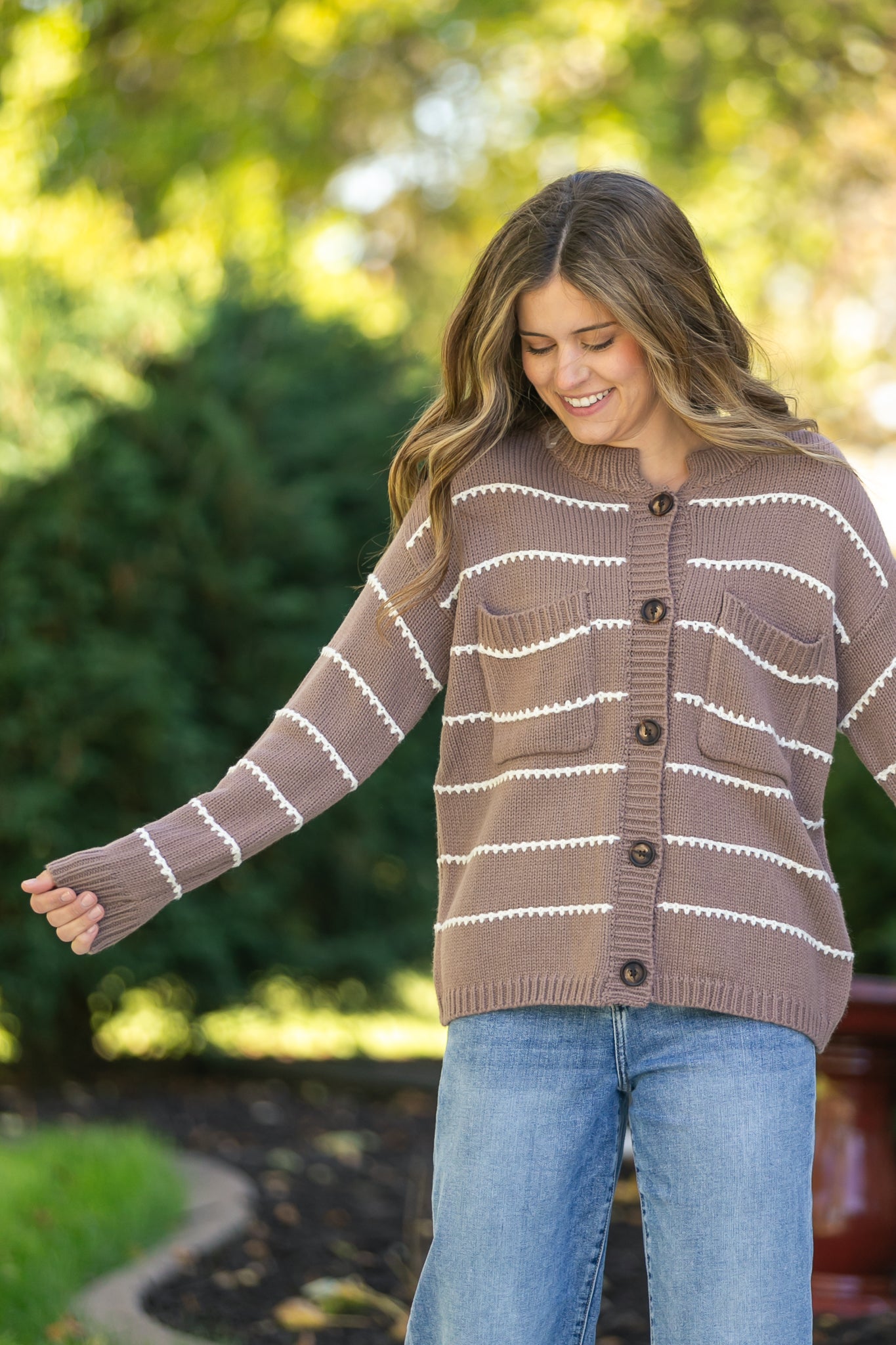Blanket Stitched Striped Button Down Sweater