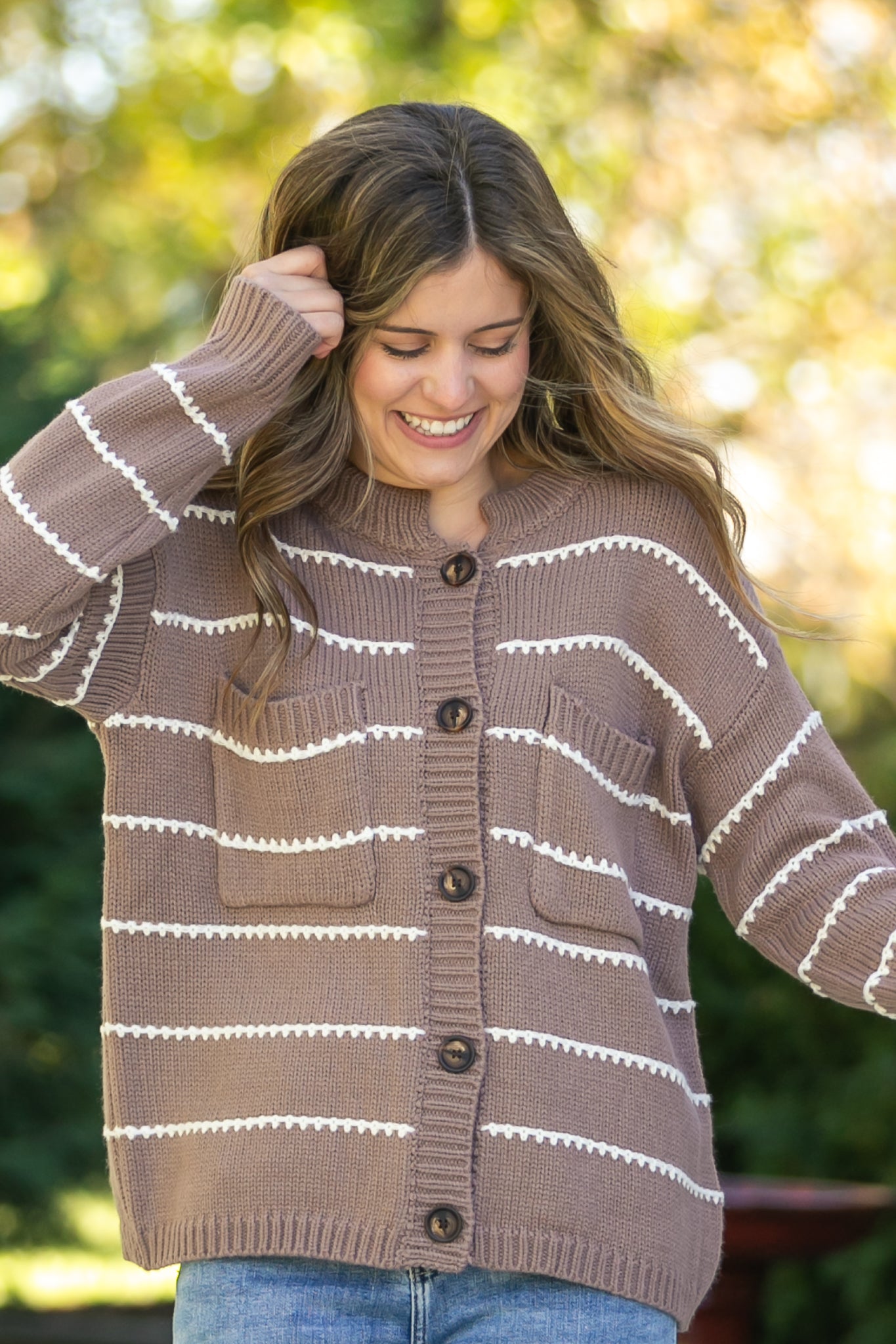 Blanket Stitched Striped Button Down Sweater