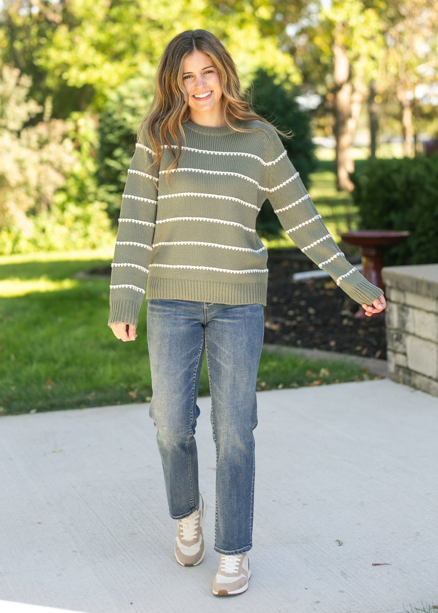 Blanket Stitched Striped Knit Pullover Sweater