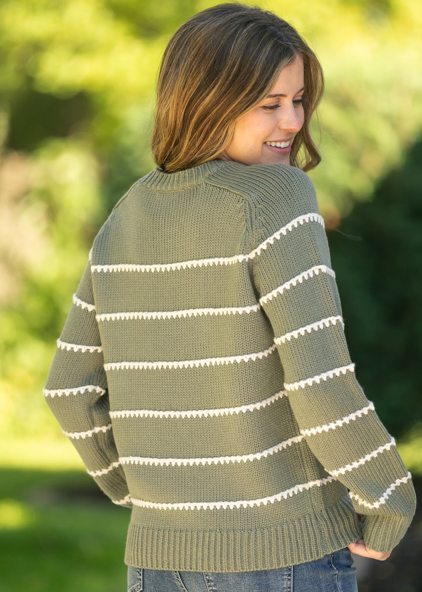 Blanket Stitched Striped Knit Pullover Sweater