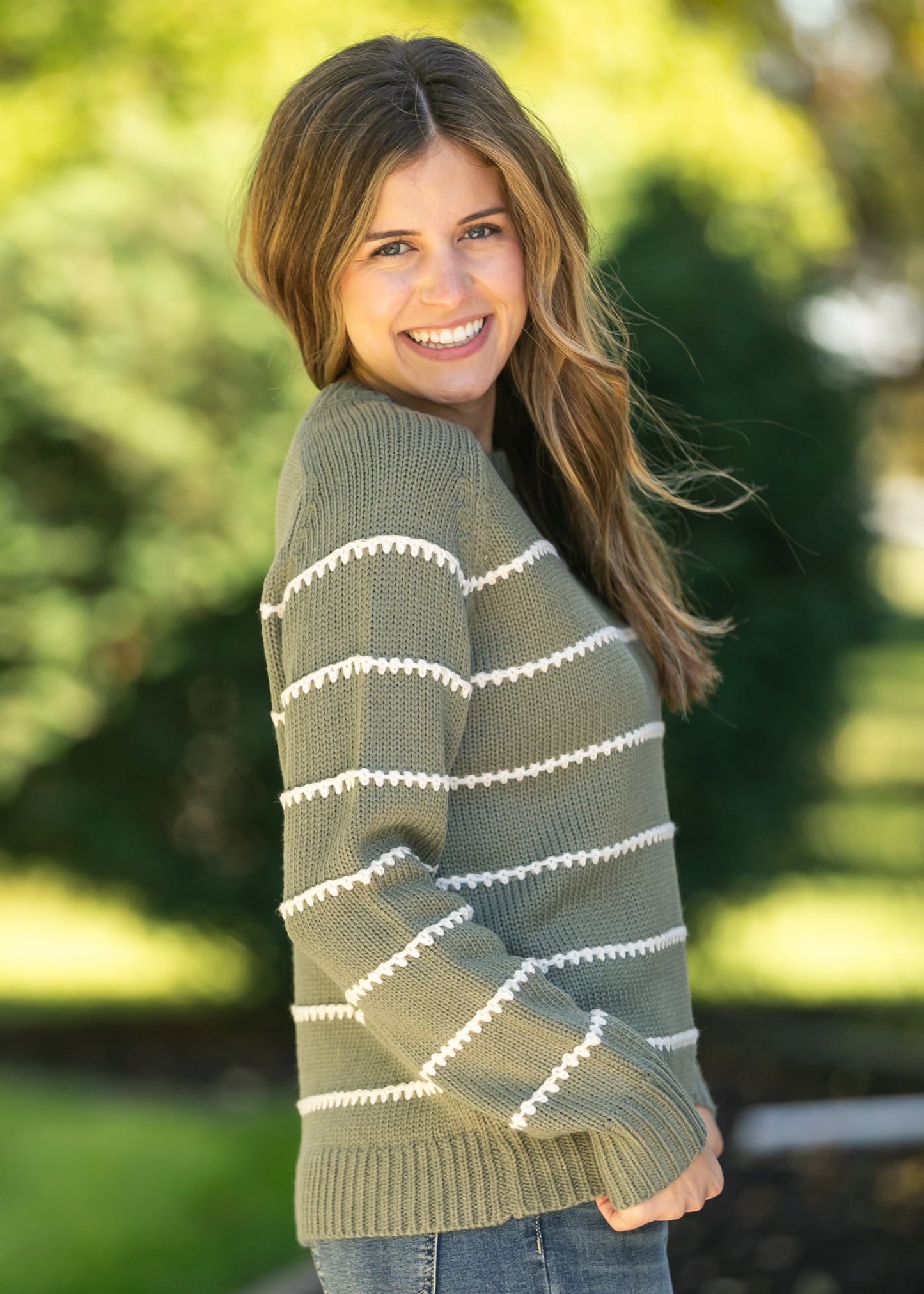 Blanket Stitched Striped Knit Pullover Sweater