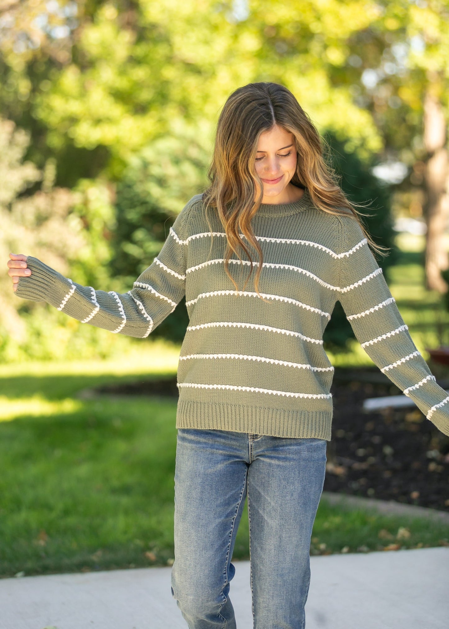 Blanket Stitched Striped Knit Pullover Sweater