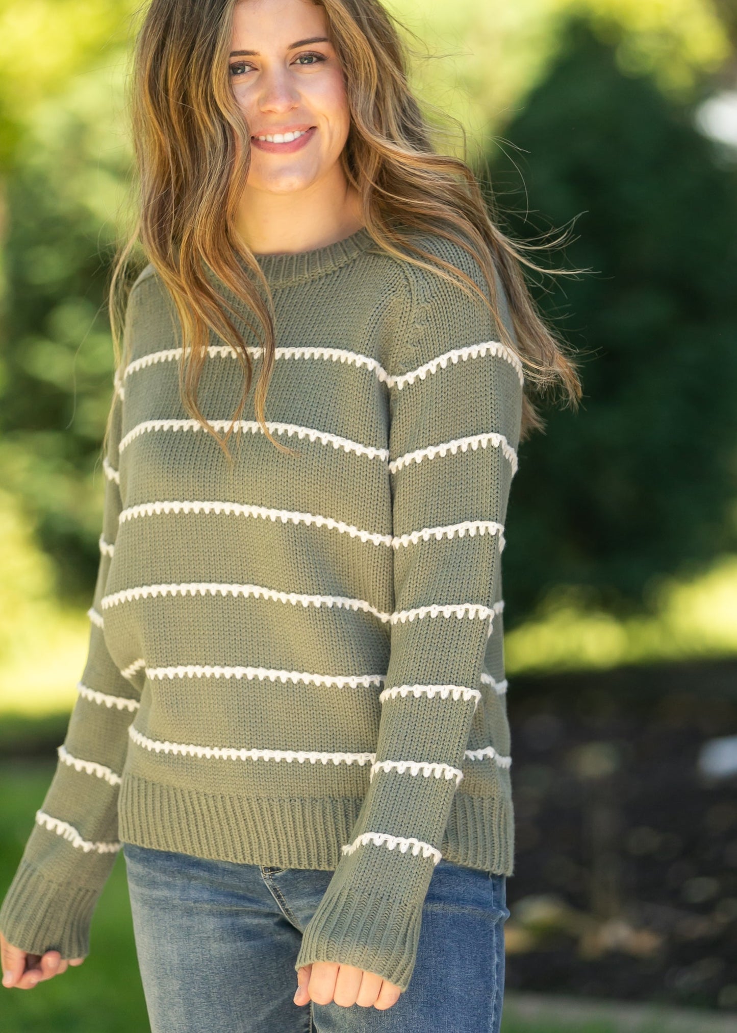 Blanket Stitched Striped Knit Pullover Sweater