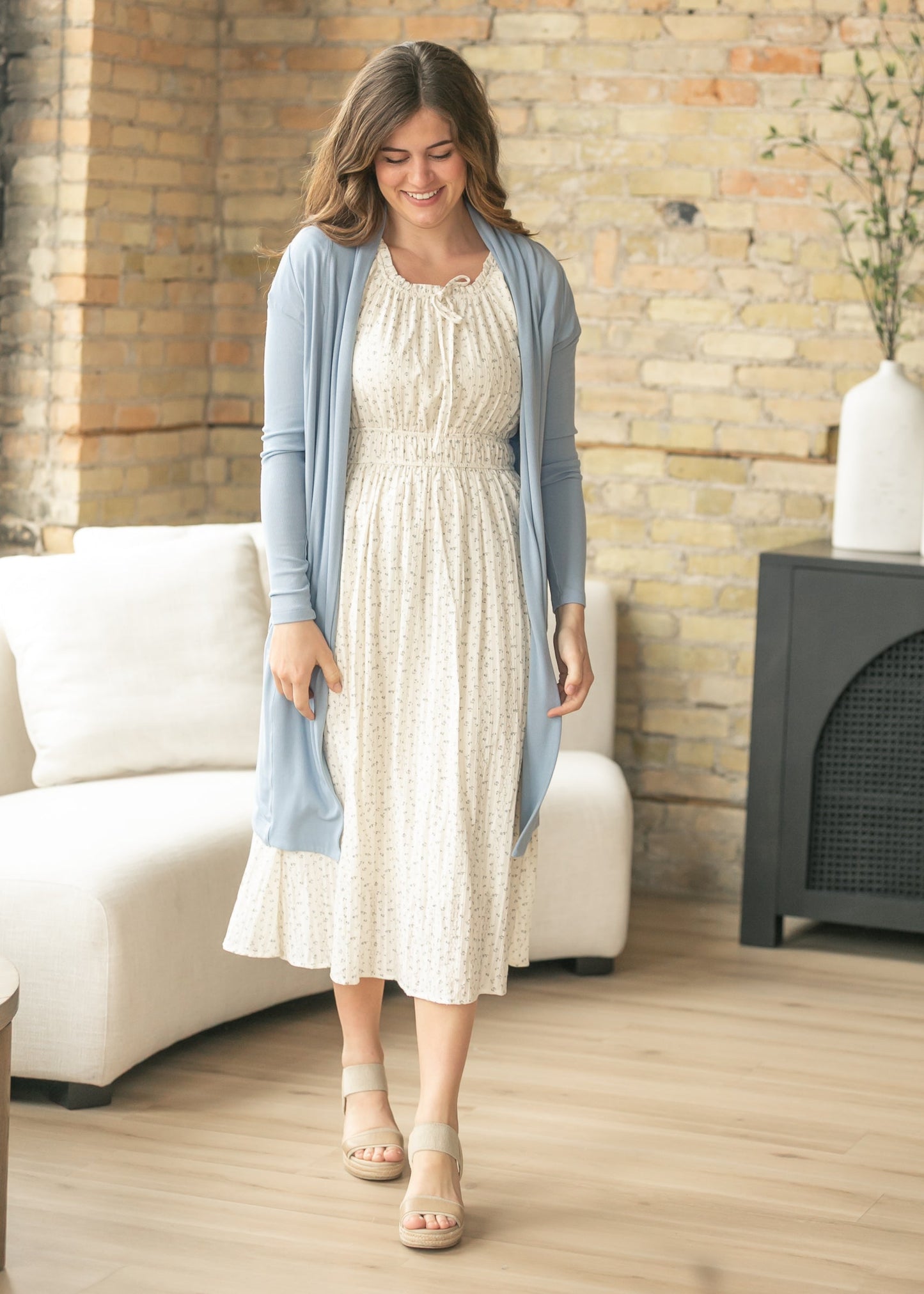 Blue Floral Square Neck Midi Dress