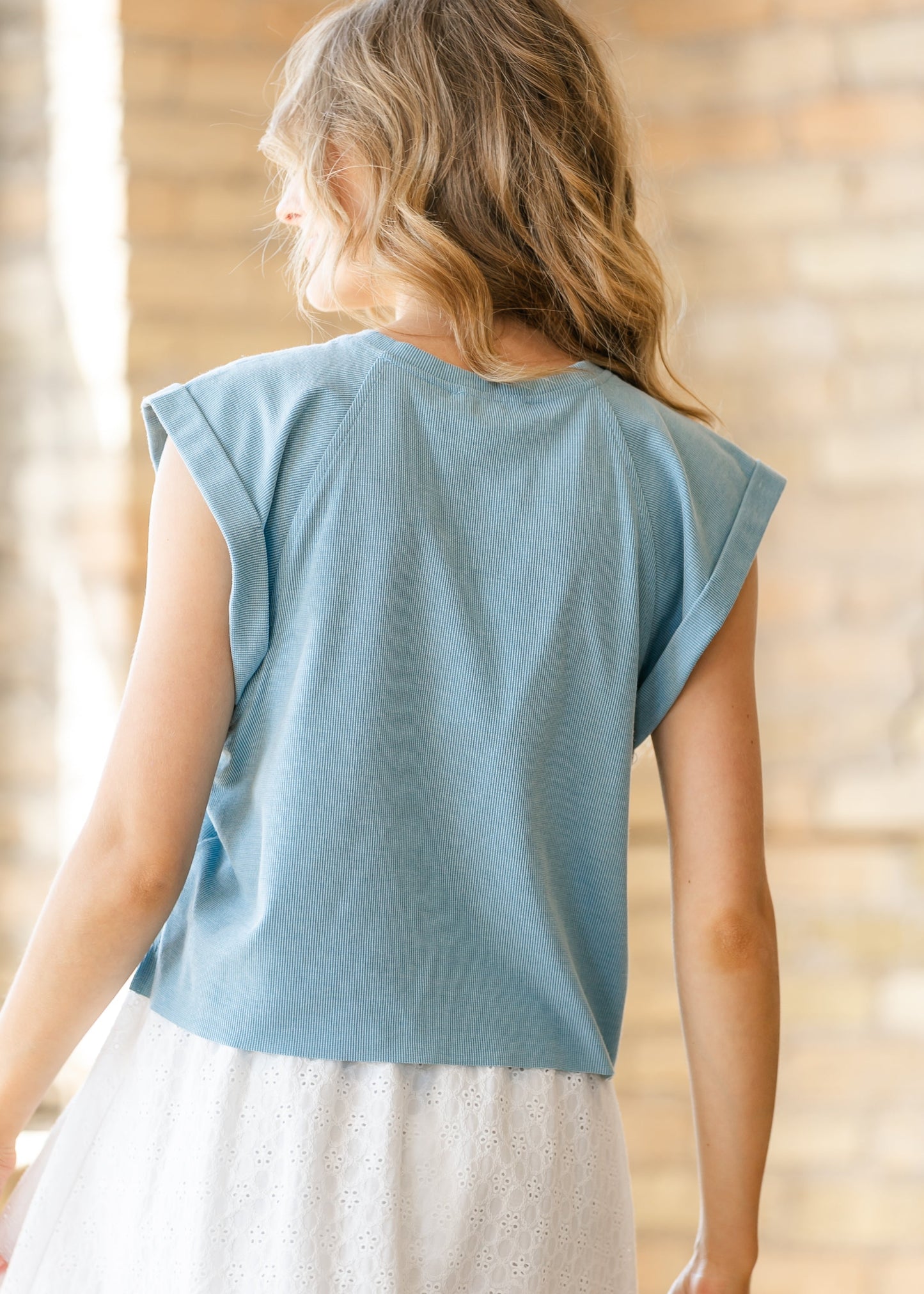 Blue Ribbed Knit Cuff Sleeve Top - FINAL SALE