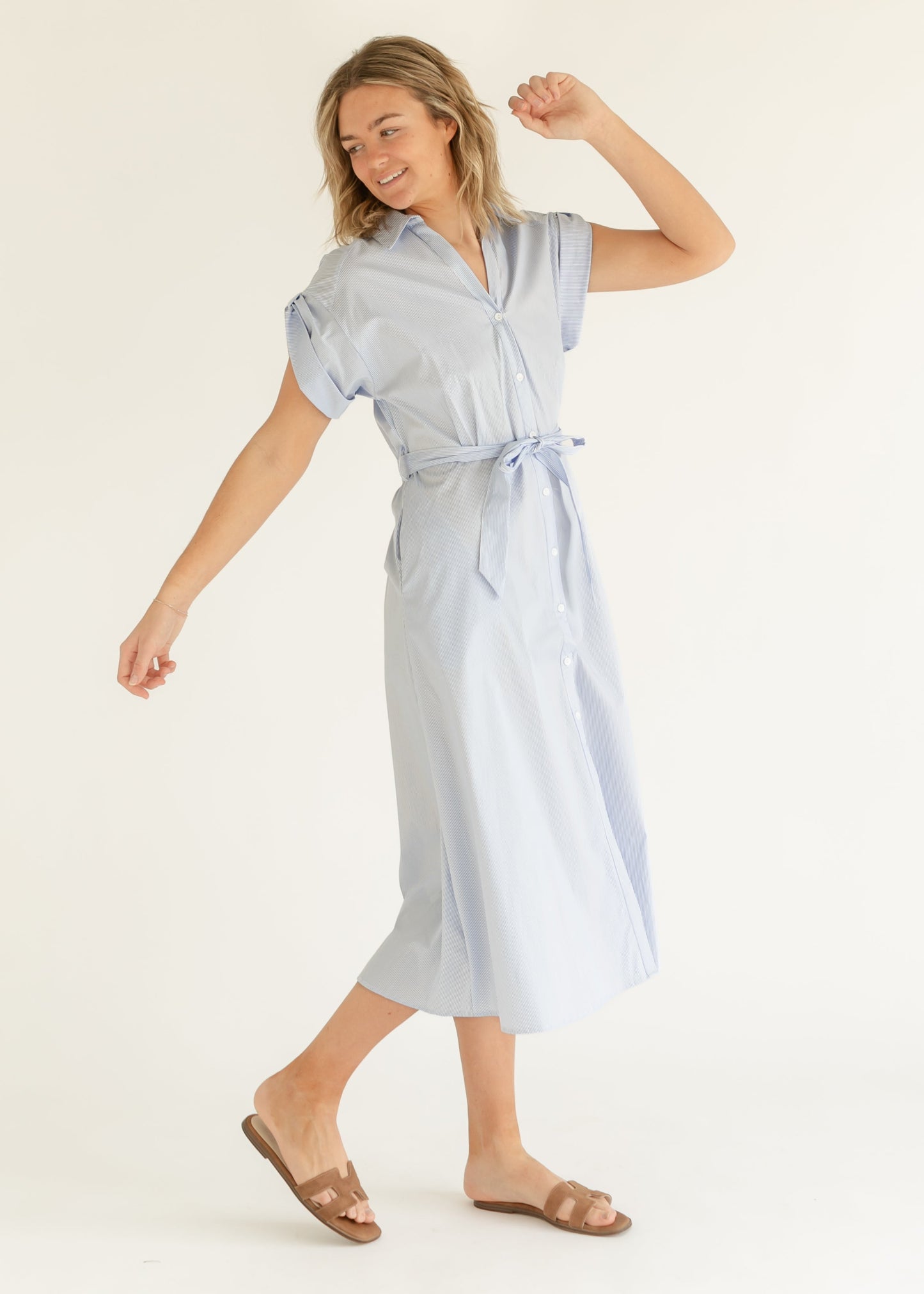 elan Blue Striped Short Sleeve Shirt Dress - FINAL SALE