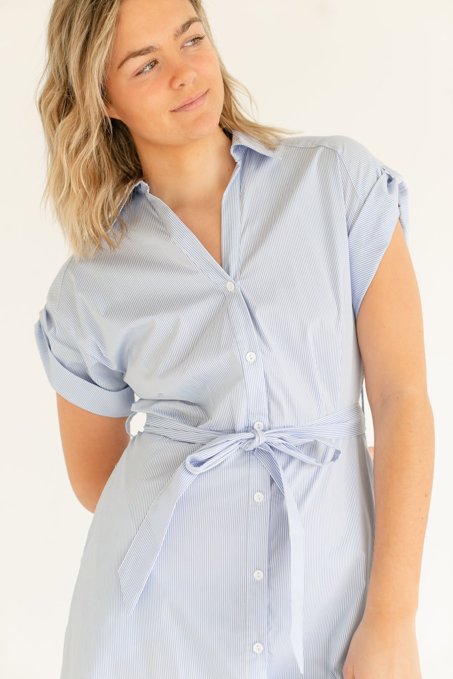 elan Blue Striped Short Sleeve Shirt Dress - FINAL SALE